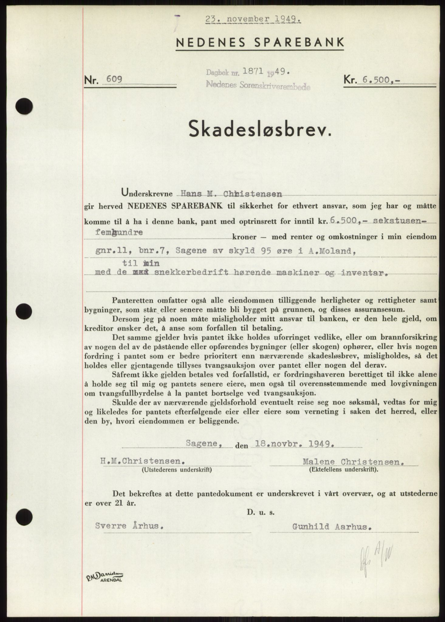 Nedenes sorenskriveri, AV/SAK-1221-0006/G/Gb/Gbb/L0007: Mortgage book no. B7, 1949-1950, Diary no: : 1871/1949