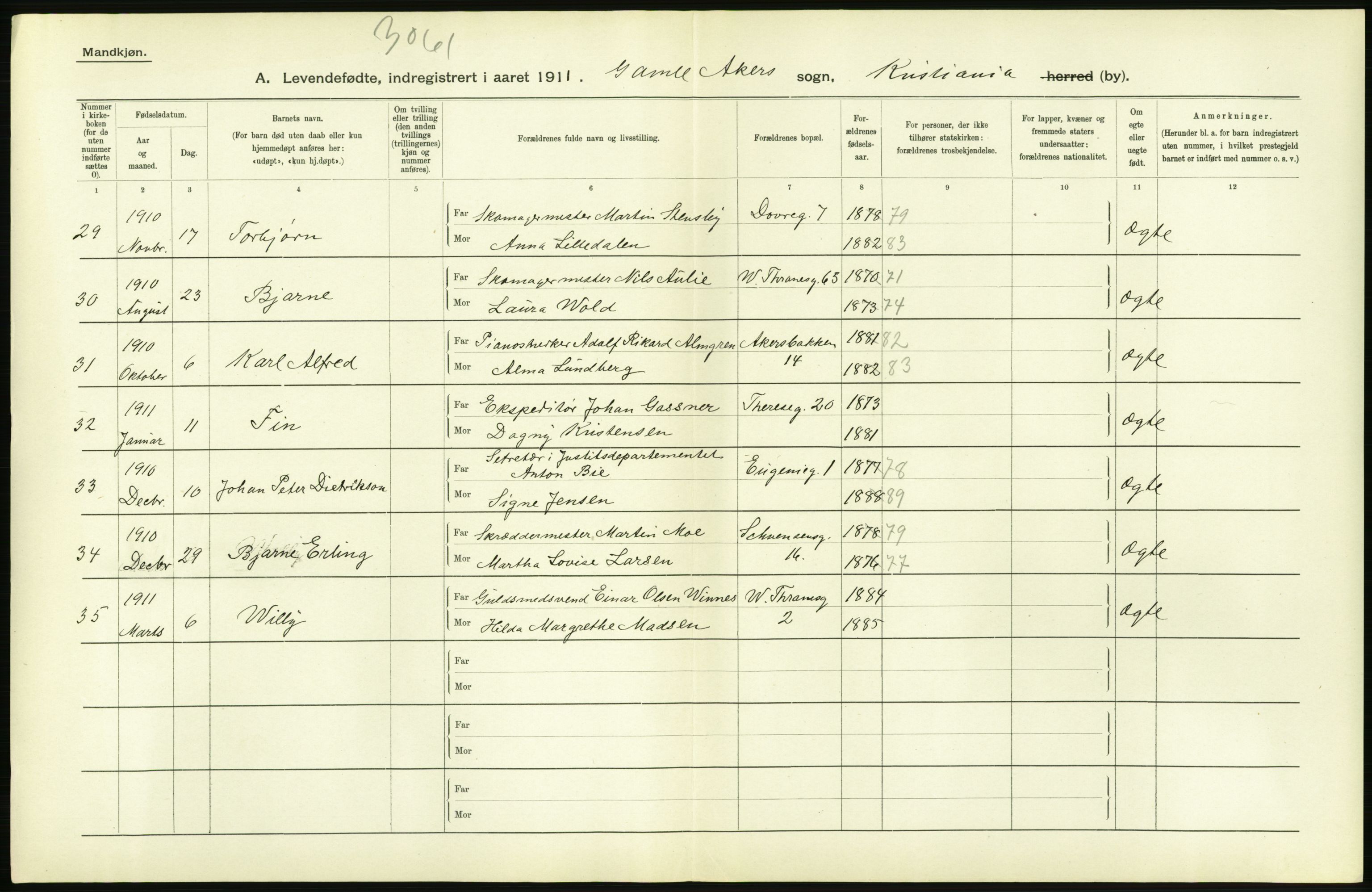 Statistisk sentralbyrå, Sosiodemografiske emner, Befolkning, AV/RA-S-2228/D/Df/Dfb/Dfba/L0006: Kristiania: Levendefødte menn., 1911, p. 64