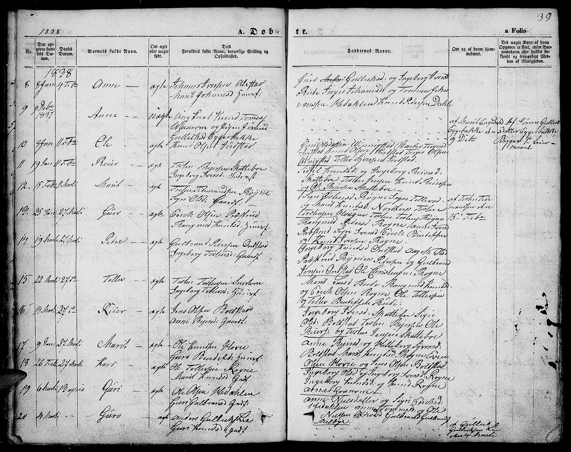Slidre prestekontor, SAH/PREST-134/H/Ha/Haa/L0004: Parish register (official) no. 4, 1831-1848, p. 39