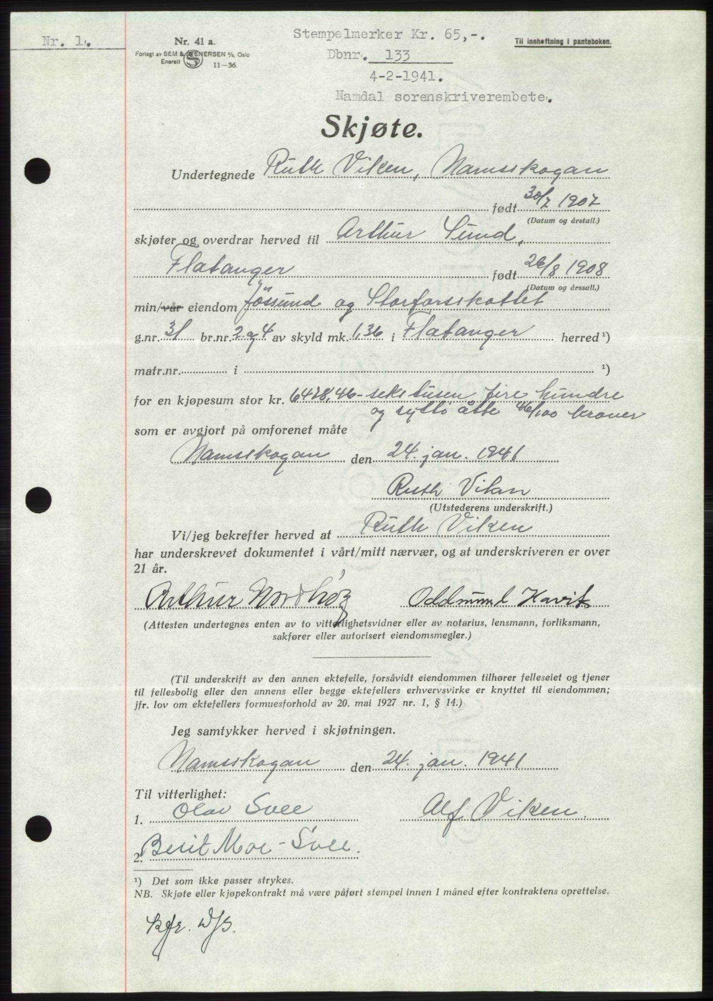 Namdal sorenskriveri, SAT/A-4133/1/2/2C: Mortgage book no. -, 1940-1941, Deed date: 04.02.1941