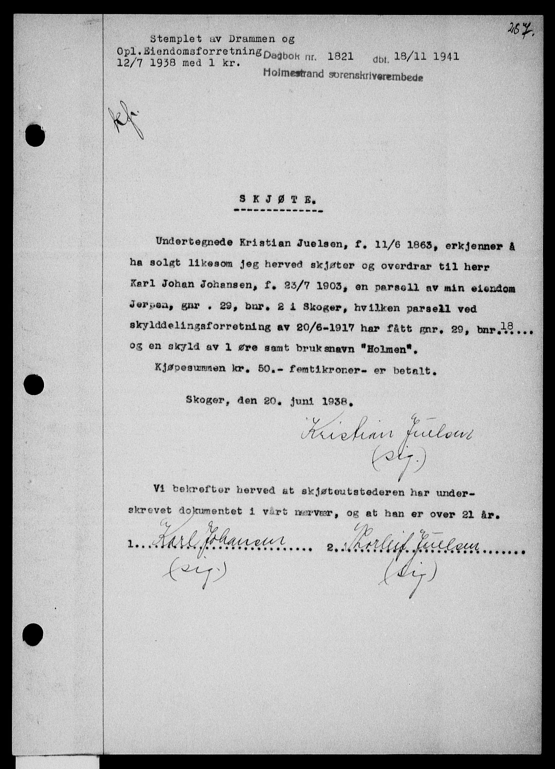 Holmestrand sorenskriveri, SAKO/A-67/G/Ga/Gaa/L0054: Mortgage book no. A-54, 1941-1942, Diary no: : 1821/1941