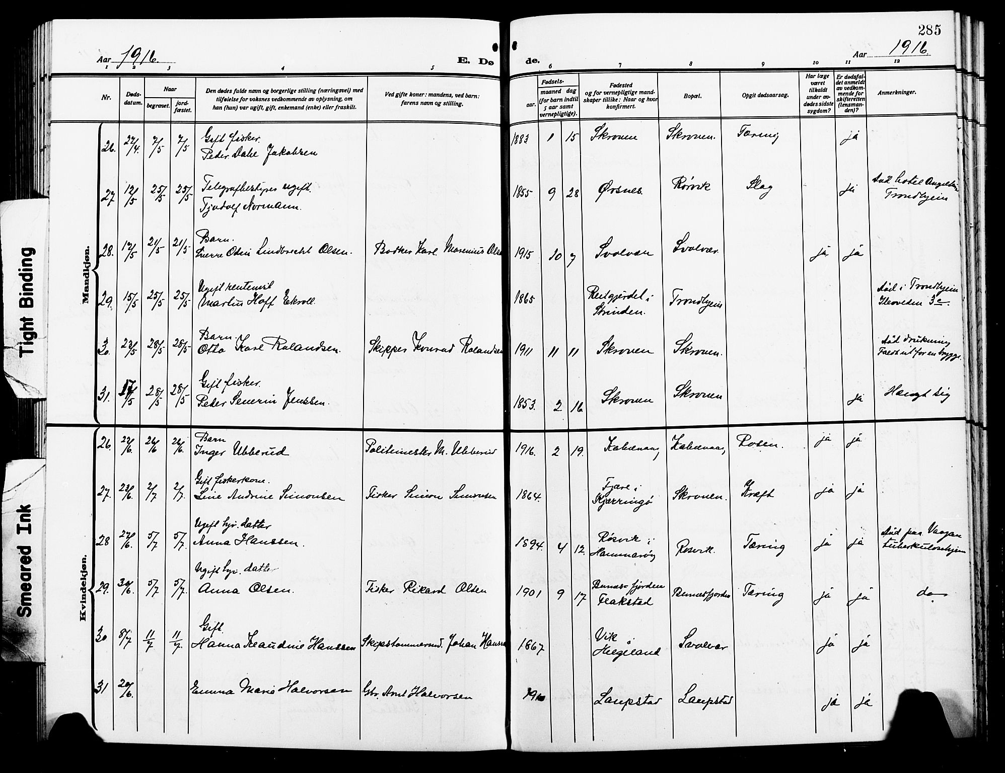Ministerialprotokoller, klokkerbøker og fødselsregistre - Nordland, AV/SAT-A-1459/874/L1080: Parish register (copy) no. 874C09, 1915-1925, p. 285