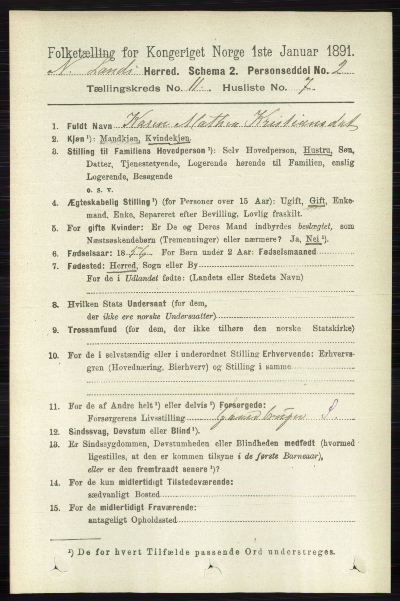 RA, 1891 census for 0538 Nordre Land, 1891, p. 3071