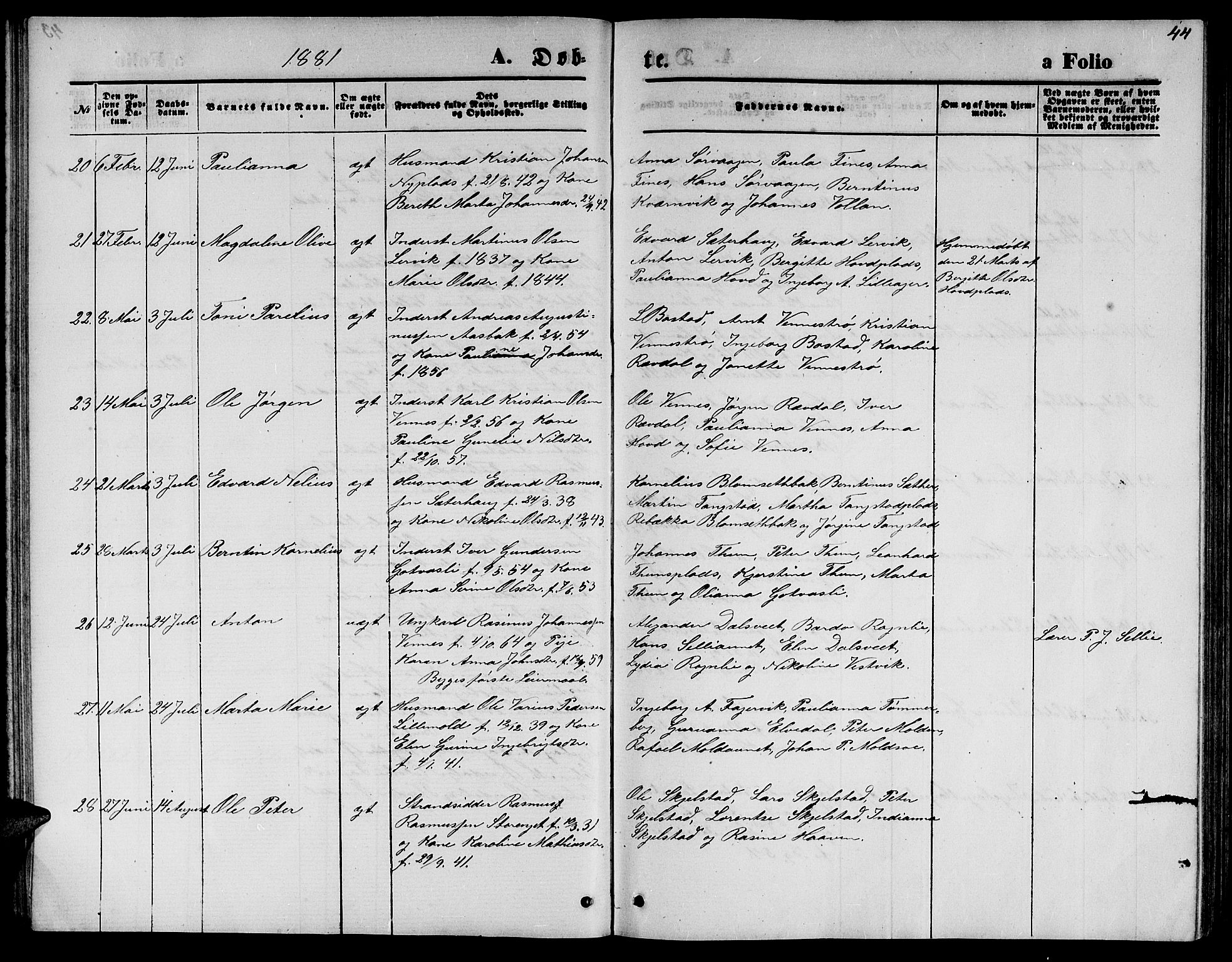 Ministerialprotokoller, klokkerbøker og fødselsregistre - Nord-Trøndelag, AV/SAT-A-1458/744/L0422: Parish register (copy) no. 744C01, 1871-1885, p. 44