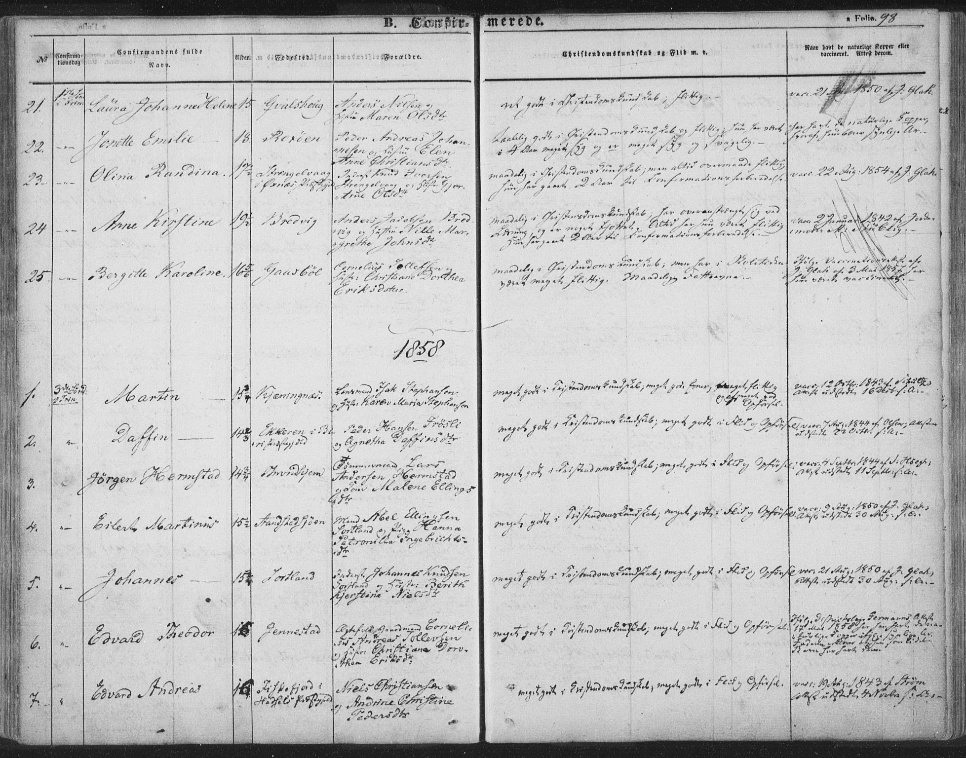 Ministerialprotokoller, klokkerbøker og fødselsregistre - Nordland, AV/SAT-A-1459/895/L1369: Parish register (official) no. 895A04, 1852-1872, p. 98