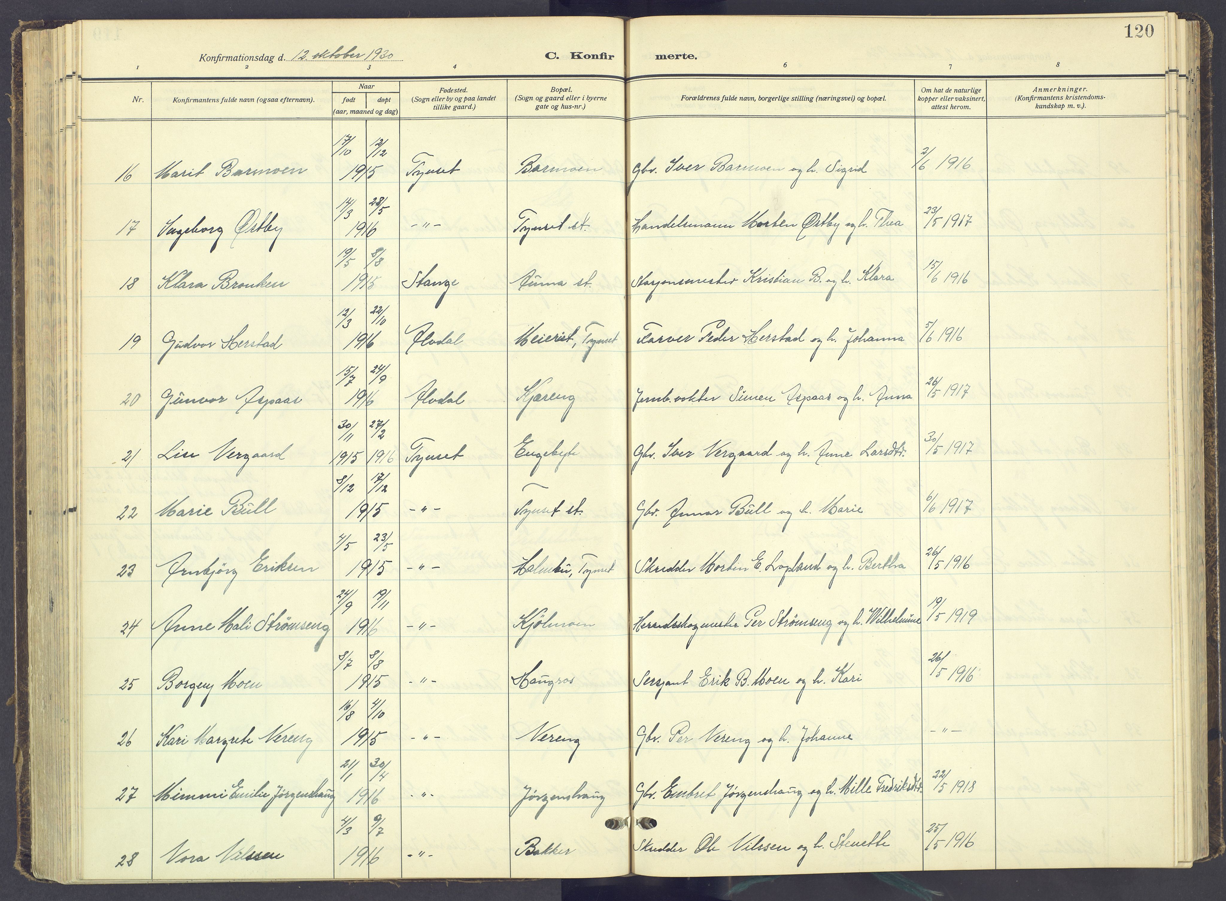 Tynset prestekontor, AV/SAH-PREST-058/H/Ha/Haa/L0027: Parish register (official) no. 27, 1930-1944, p. 120