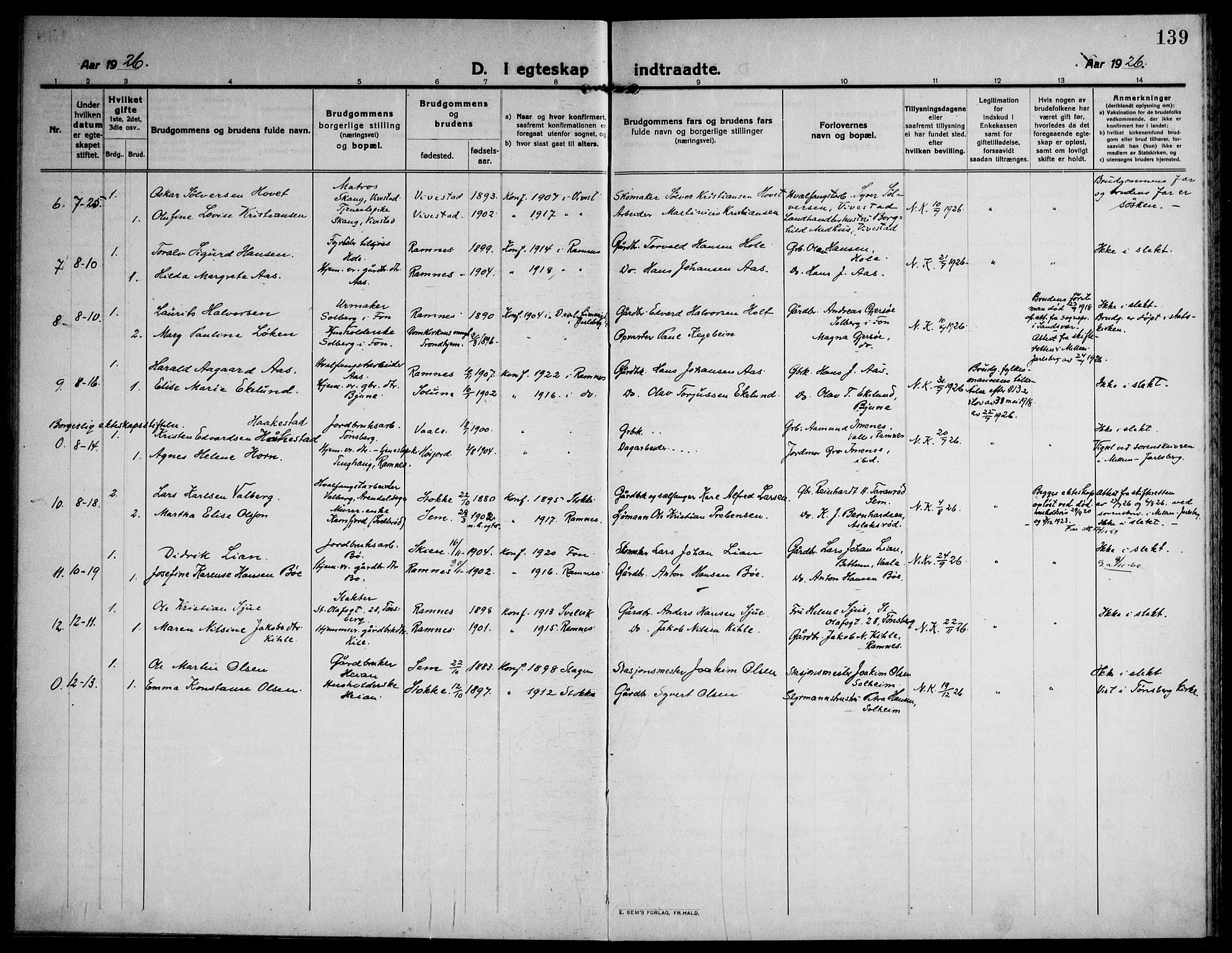 Ramnes kirkebøker, AV/SAKO-A-314/F/Fa/L0009: Parish register (official) no. I 9, 1912-1929, p. 139