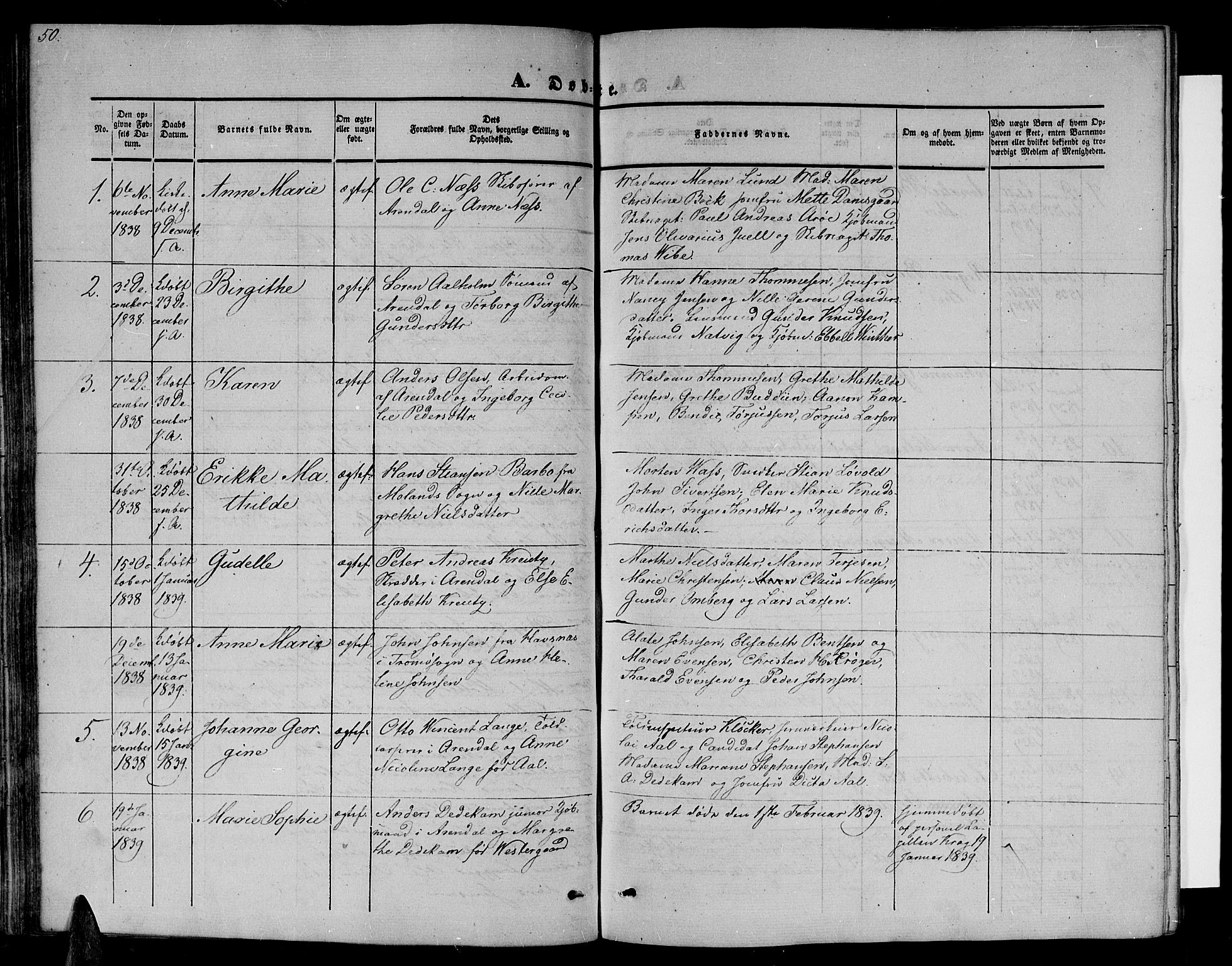 Arendal sokneprestkontor, Trefoldighet, SAK/1111-0040/F/Fb/L0002: Parish register (copy) no. B 2, 1838-1860, p. 50