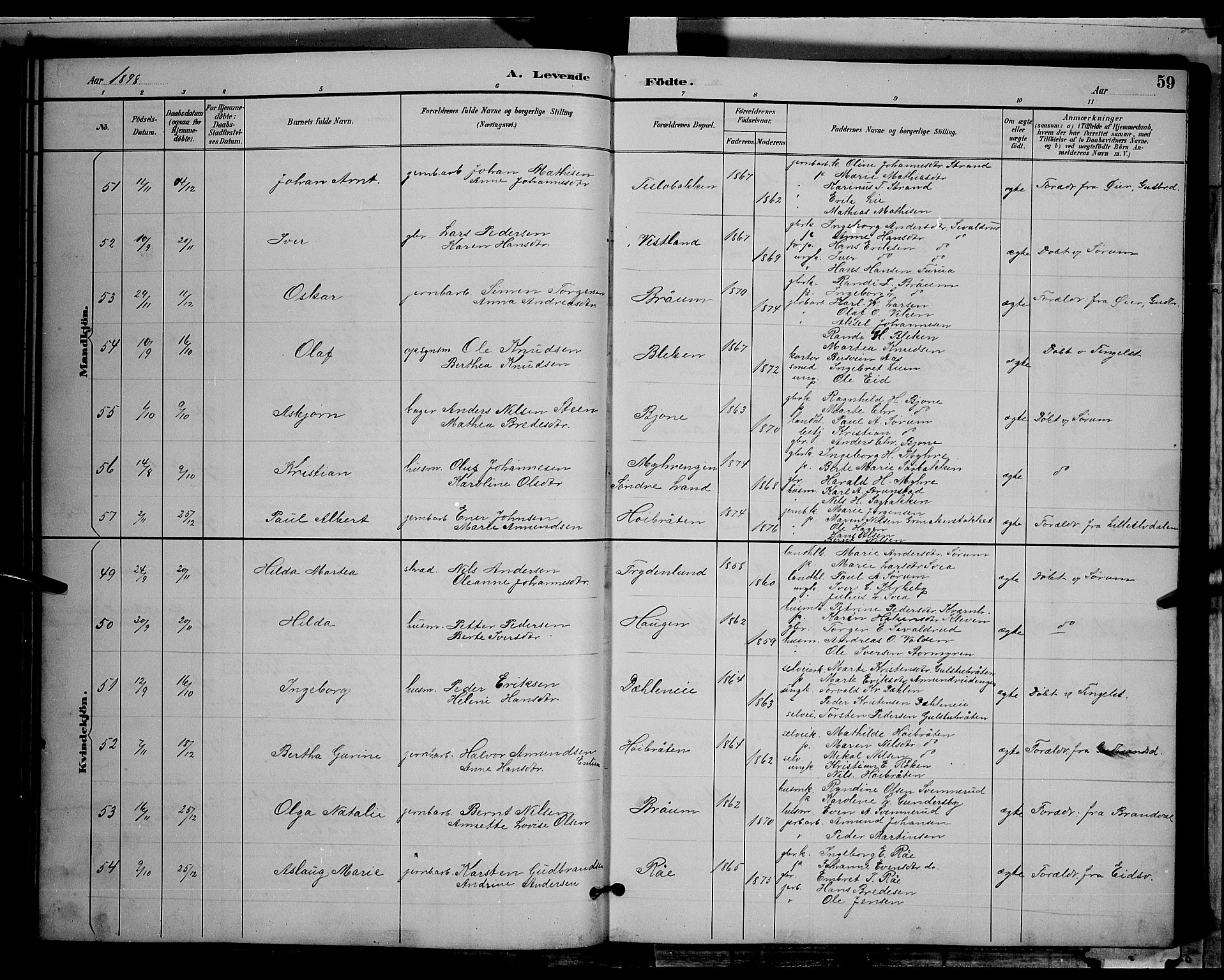 Gran prestekontor, SAH/PREST-112/H/Ha/Hab/L0004: Parish register (copy) no. 4, 1890-1899, p. 59