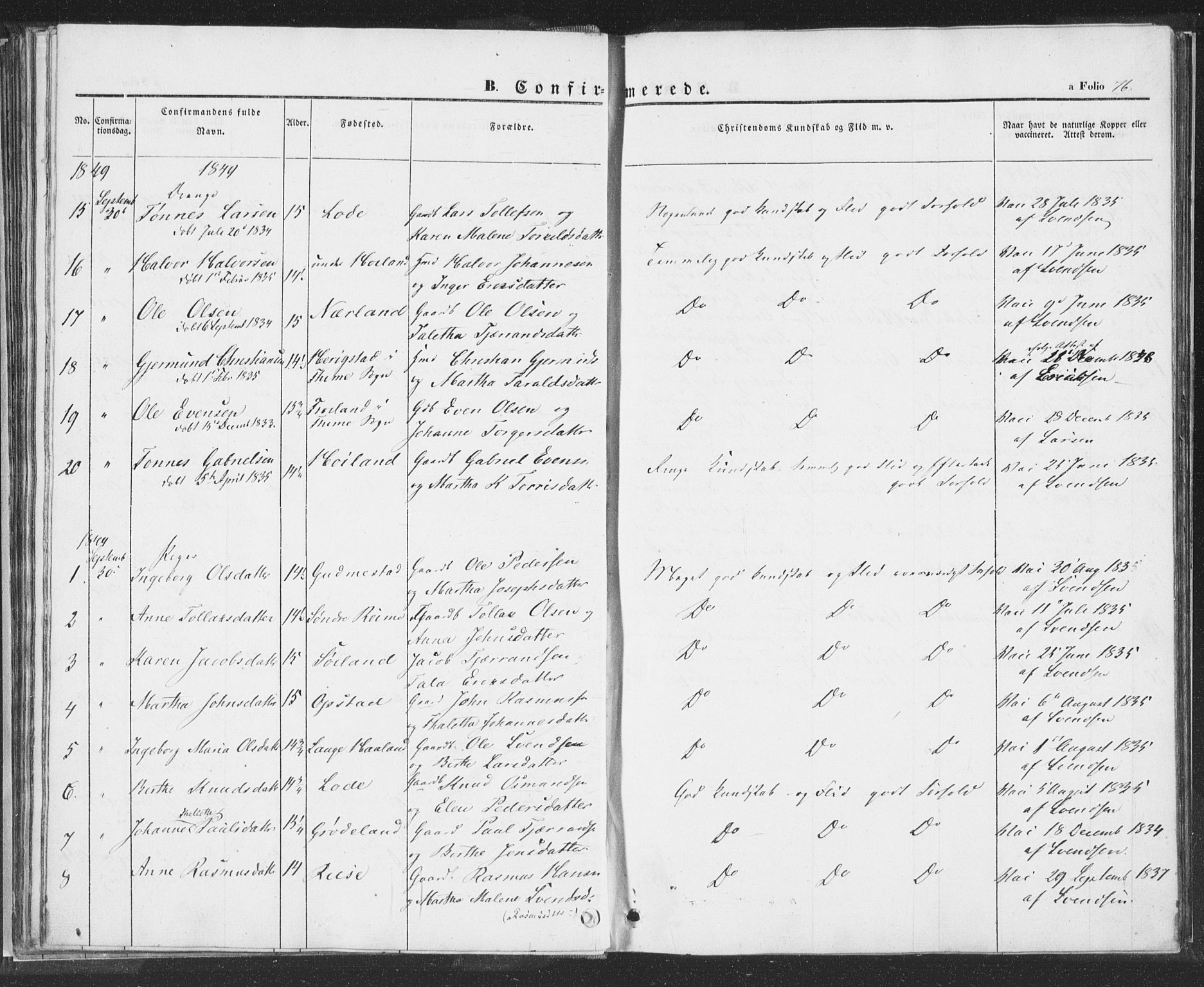 Hå sokneprestkontor, SAST/A-101801/001/30BA/L0006: Parish register (official) no. A 5, 1842-1853, p. 76