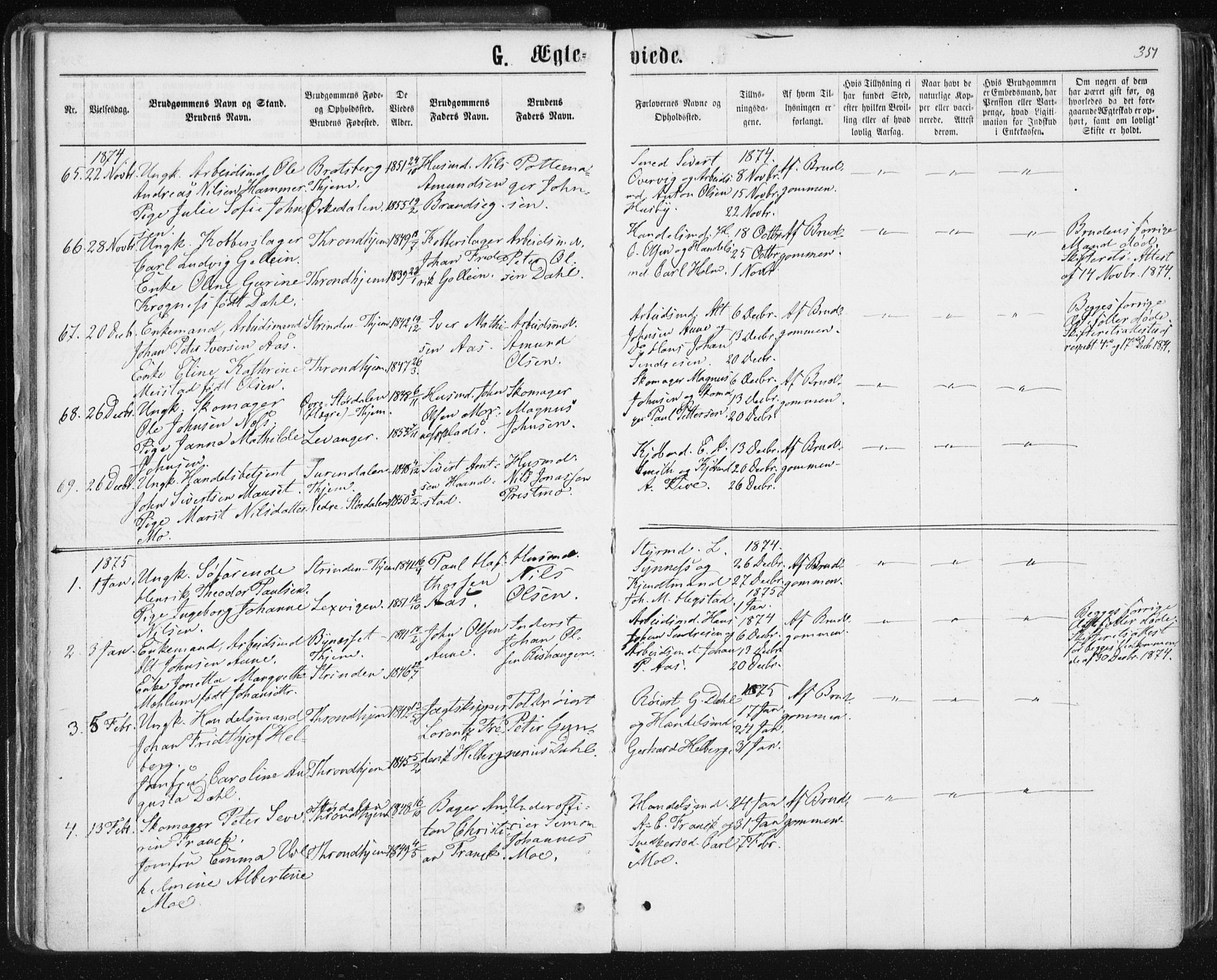 Ministerialprotokoller, klokkerbøker og fødselsregistre - Sør-Trøndelag, SAT/A-1456/601/L0055: Parish register (official) no. 601A23, 1866-1877, p. 351