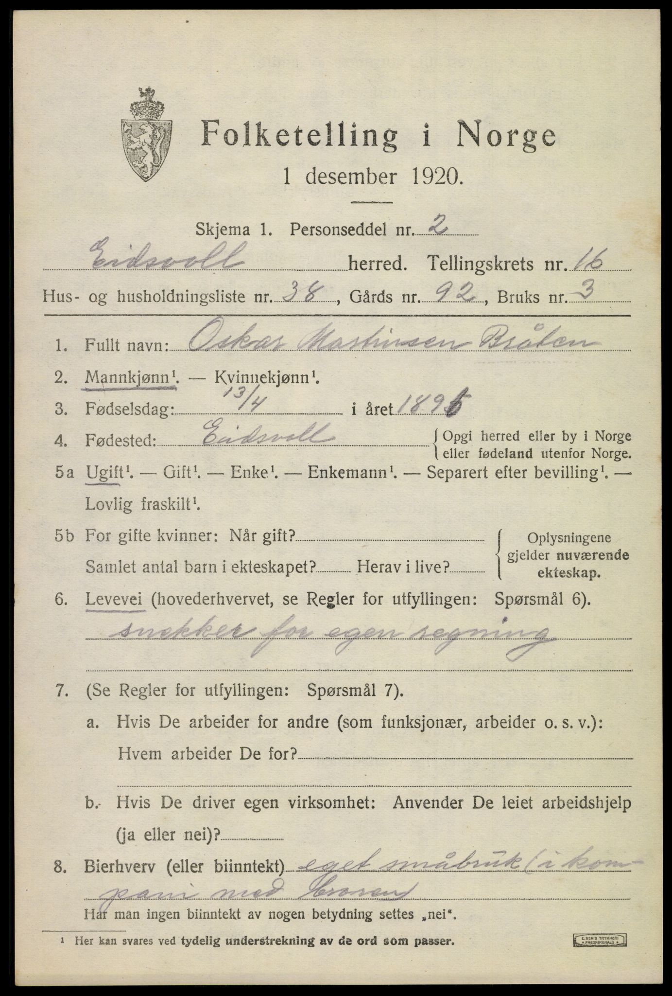 SAO, 1920 census for Eidsvoll, 1920, p. 22985