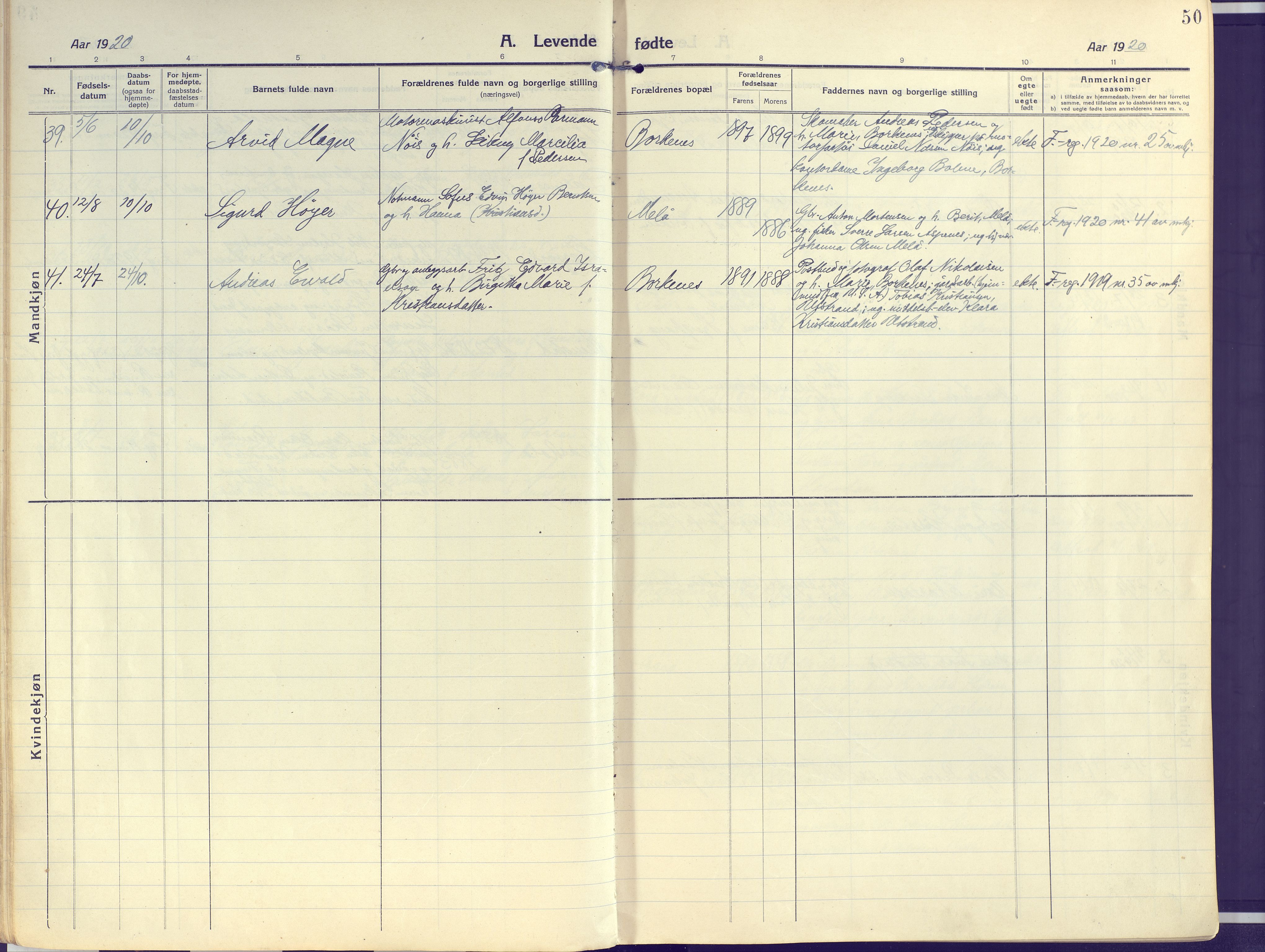 Kvæfjord sokneprestkontor, AV/SATØ-S-1323/G/Ga/Gaa/L0007kirke: Parish register (official) no. 7, 1915-1931, p. 50