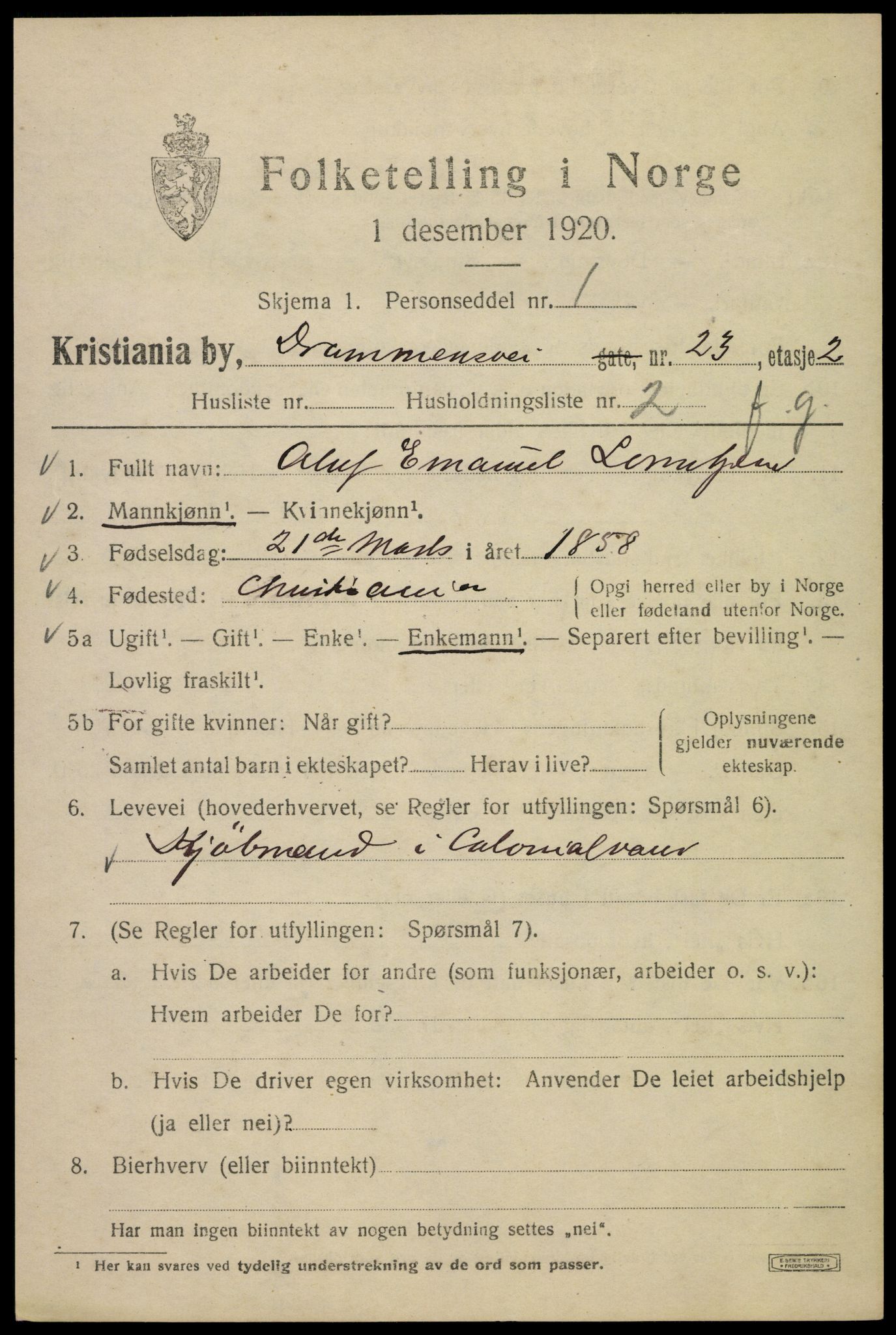 SAO, 1920 census for Kristiania, 1920, p. 201225