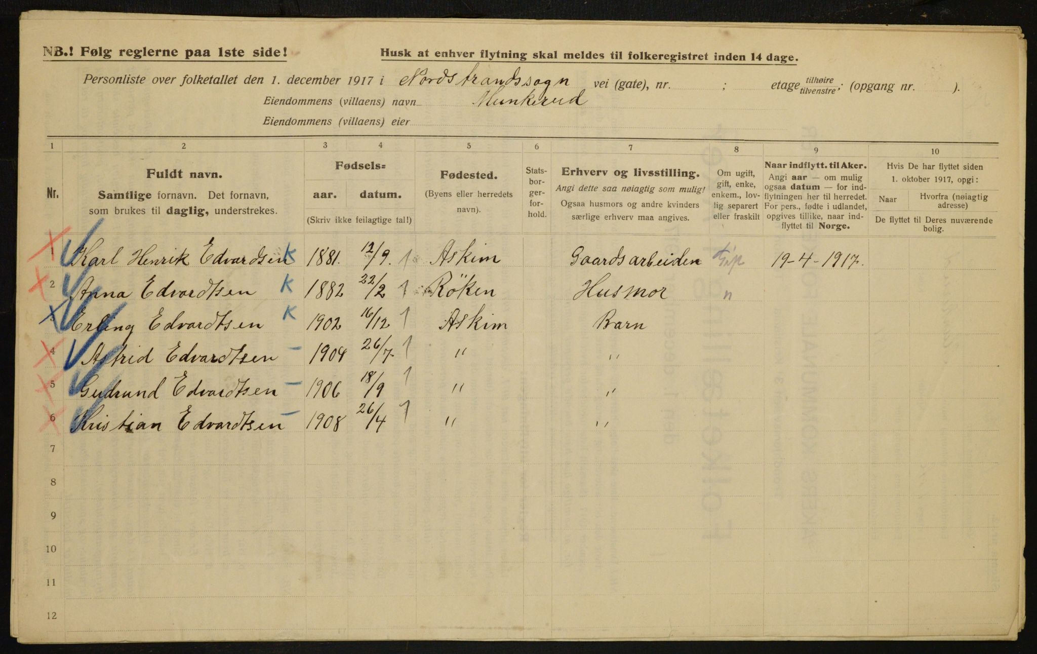 OBA, Municipal Census 1917 for Aker, 1917, p. 18570