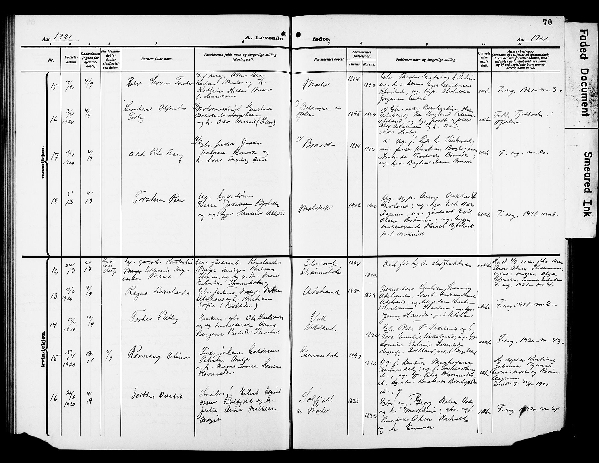 Kvæfjord sokneprestkontor, AV/SATØ-S-1323/G/Ga/Gab/L0006klokker: Parish register (copy) no. 6, 1912-1931, p. 70