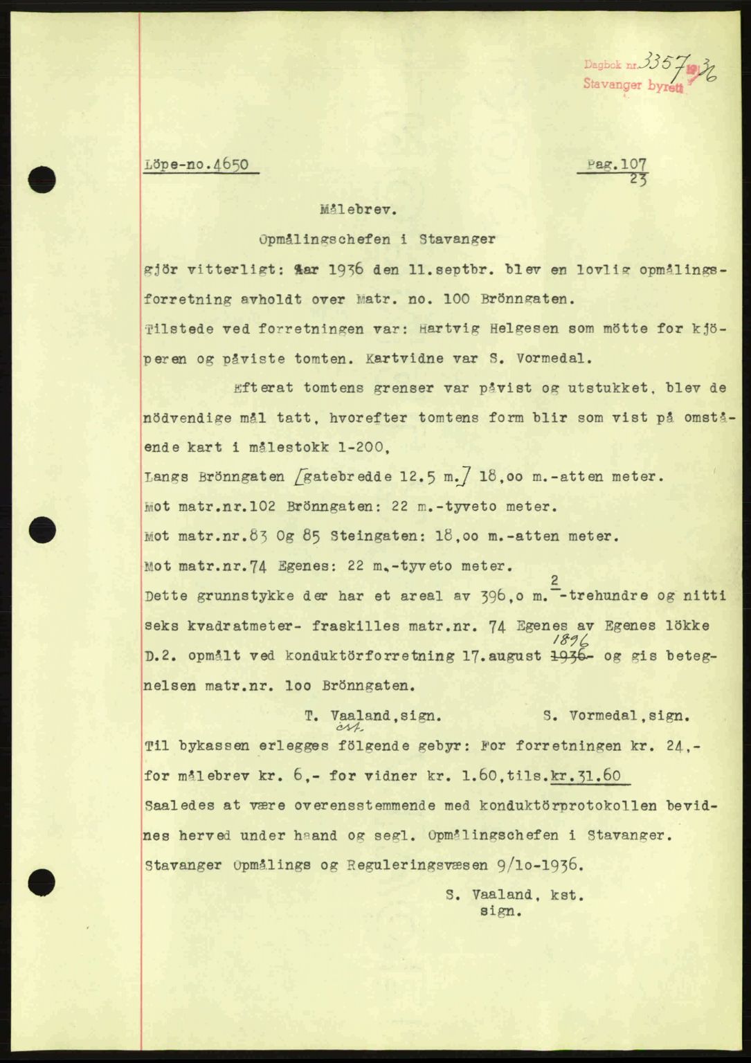 Stavanger byrett, SAST/A-100455/002/G/Gb/L0012: Mortgage book no. A2, 1936-1937, Diary no: : 3357/1936