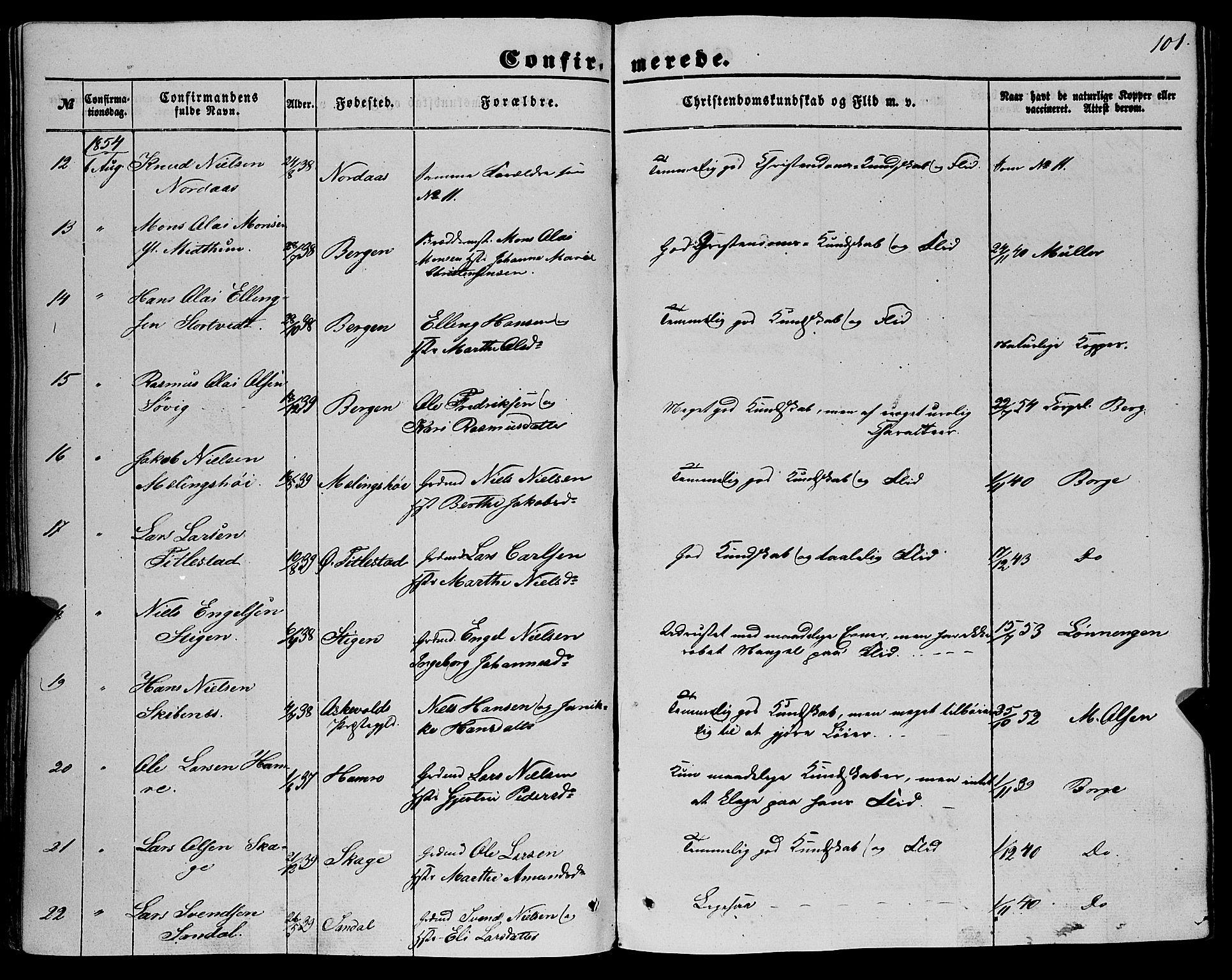 Fana Sokneprestembete, AV/SAB-A-75101/H/Haa/Haaa/L0011: Parish register (official) no. A 11, 1851-1862, p. 101