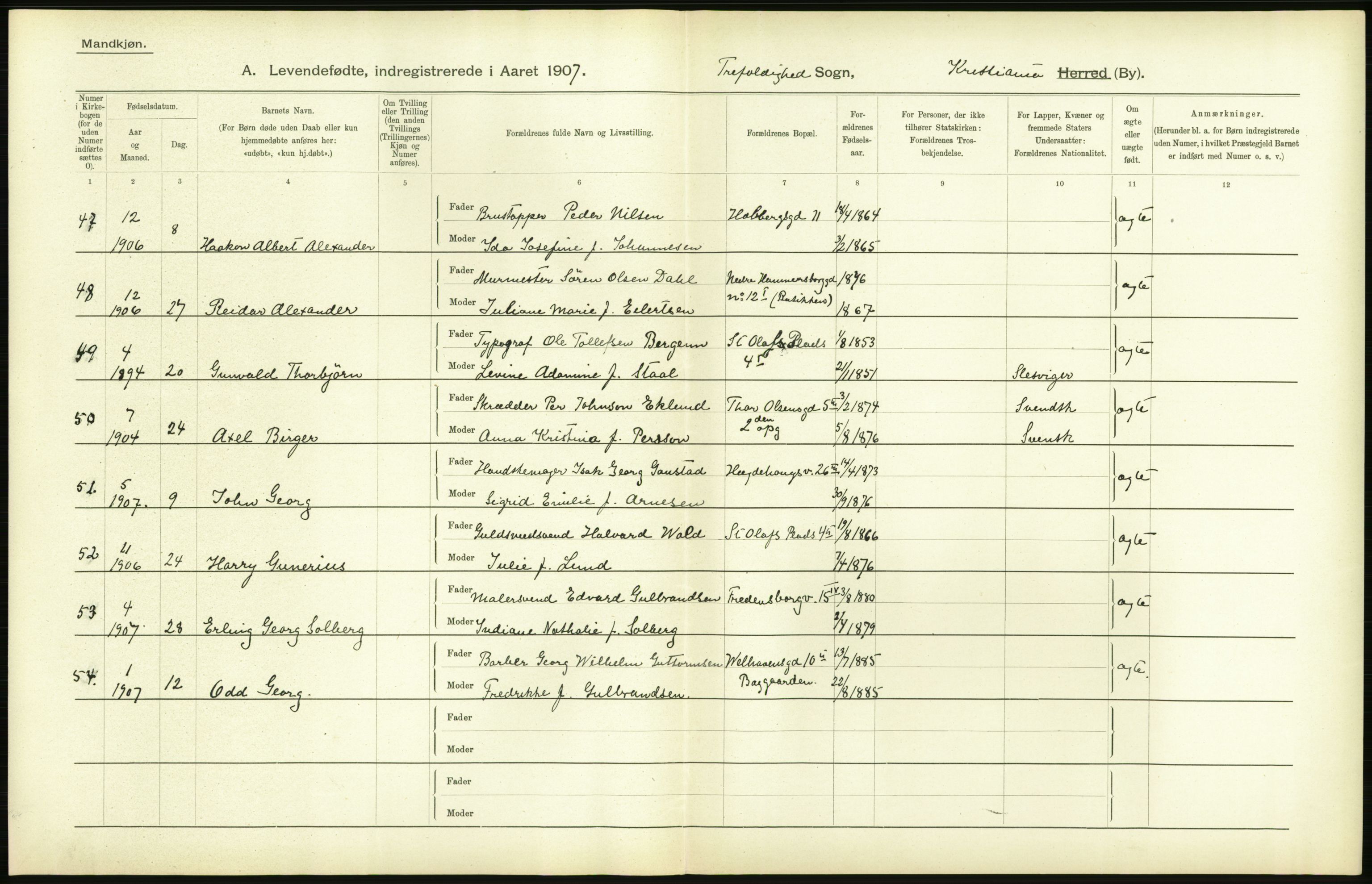 Statistisk sentralbyrå, Sosiodemografiske emner, Befolkning, AV/RA-S-2228/D/Df/Dfa/Dfae/L0006: Kristiania: Levendefødte menn og kvinner., 1907, p. 340