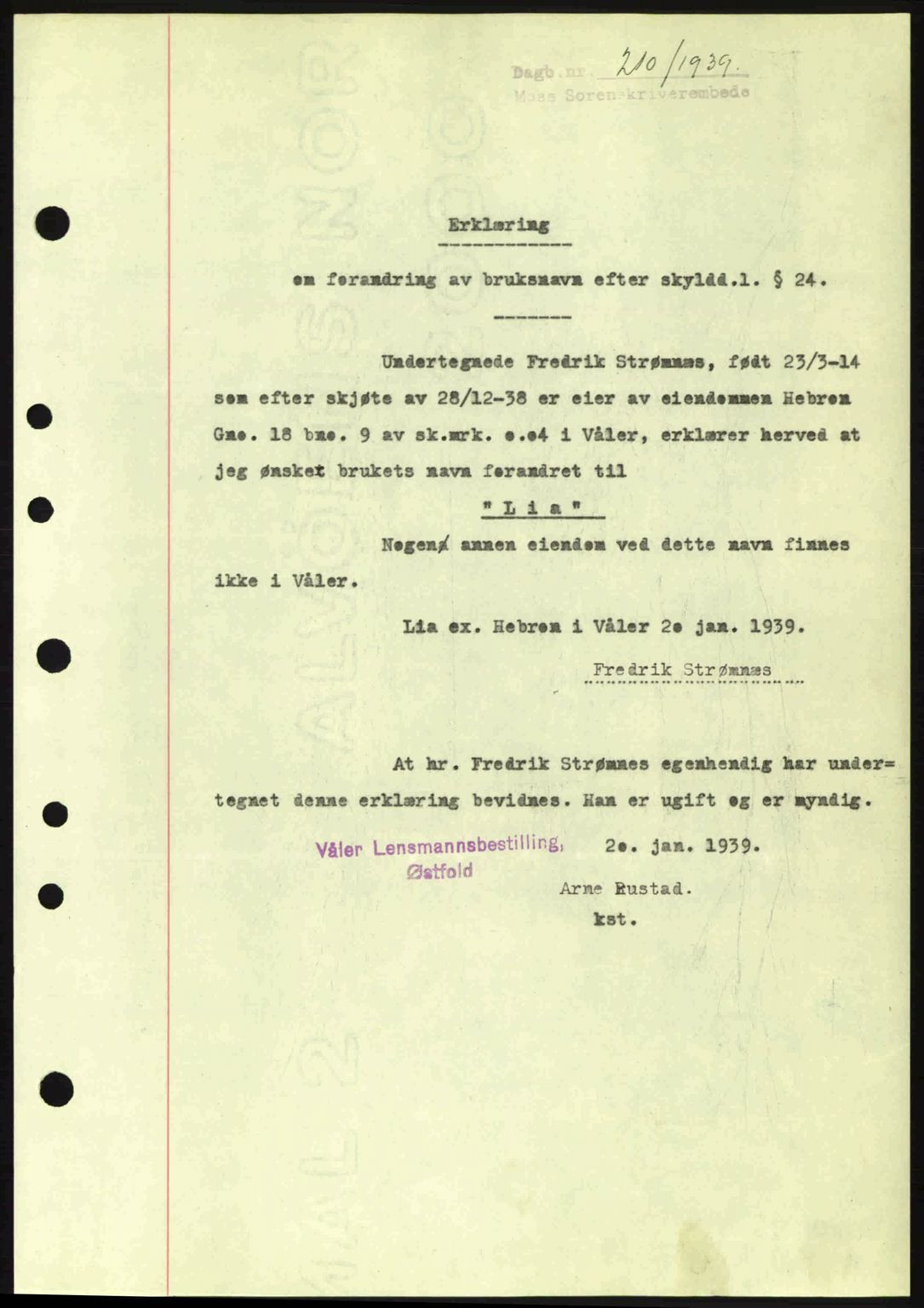 Moss sorenskriveri, SAO/A-10168: Mortgage book no. A5, 1938-1939, Diary no: : 210/1939
