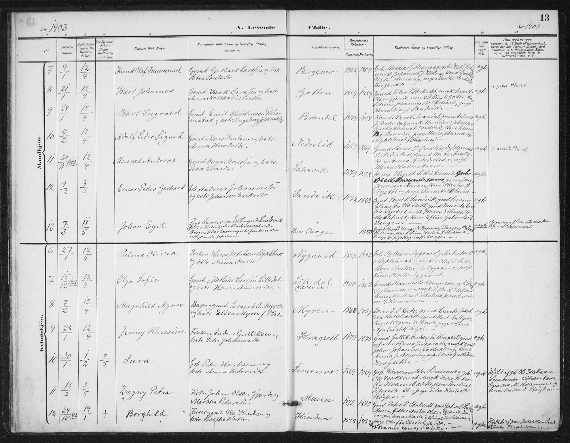 Ministerialprotokoller, klokkerbøker og fødselsregistre - Møre og Romsdal, AV/SAT-A-1454/503/L0038: Parish register (official) no. 503A06, 1901-1917, p. 13