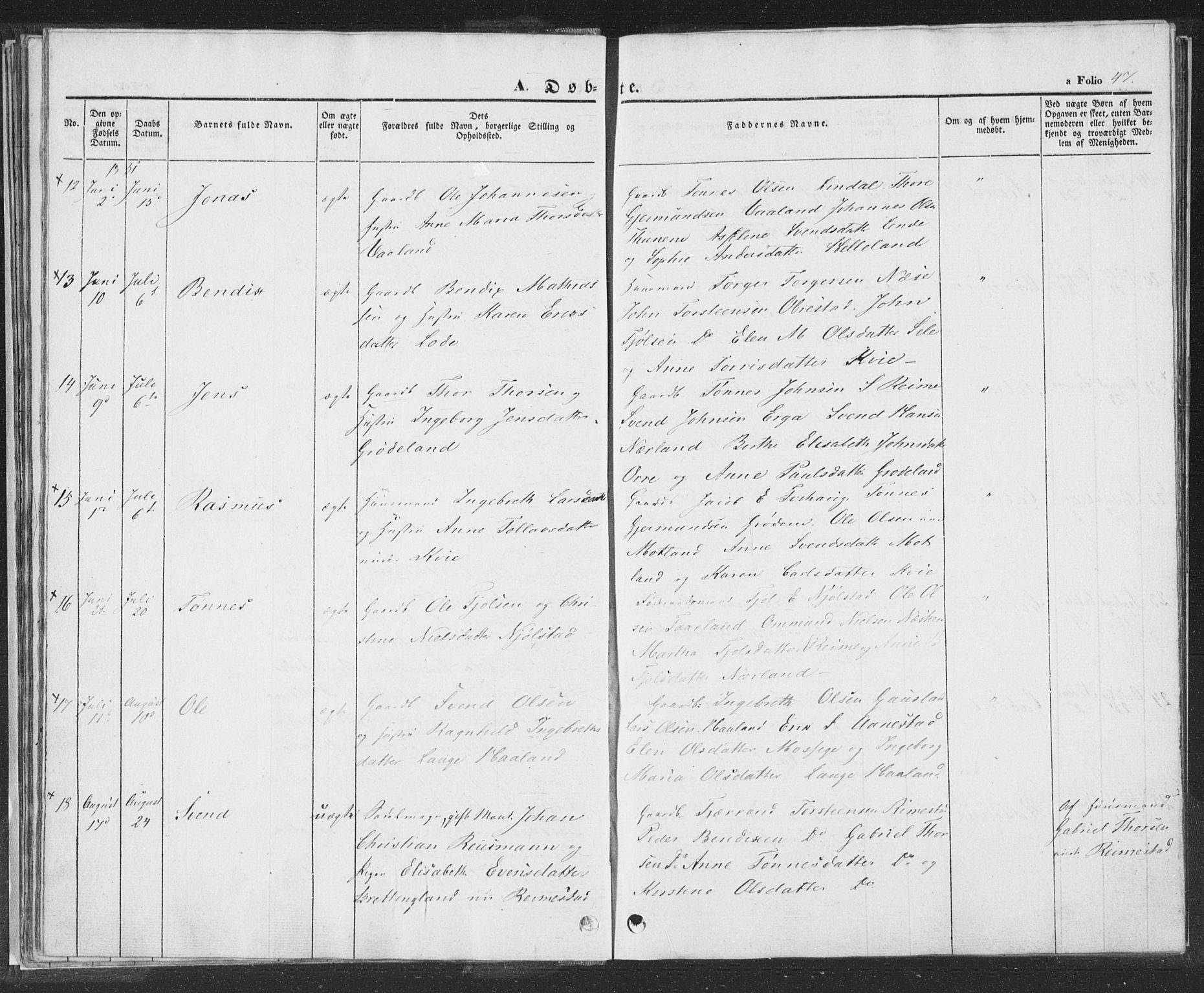 Hå sokneprestkontor, AV/SAST-A-101801/001/30BA/L0006: Parish register (official) no. A 5, 1842-1853, p. 47