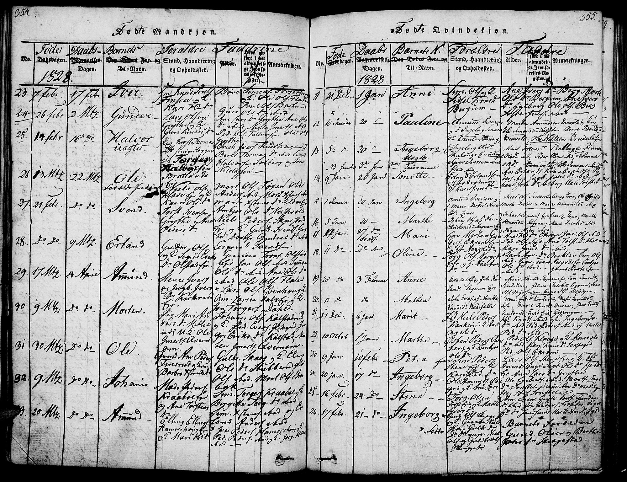 Gausdal prestekontor, SAH/PREST-090/H/Ha/Haa/L0005: Parish register (official) no. 5, 1817-1829, p. 354-355