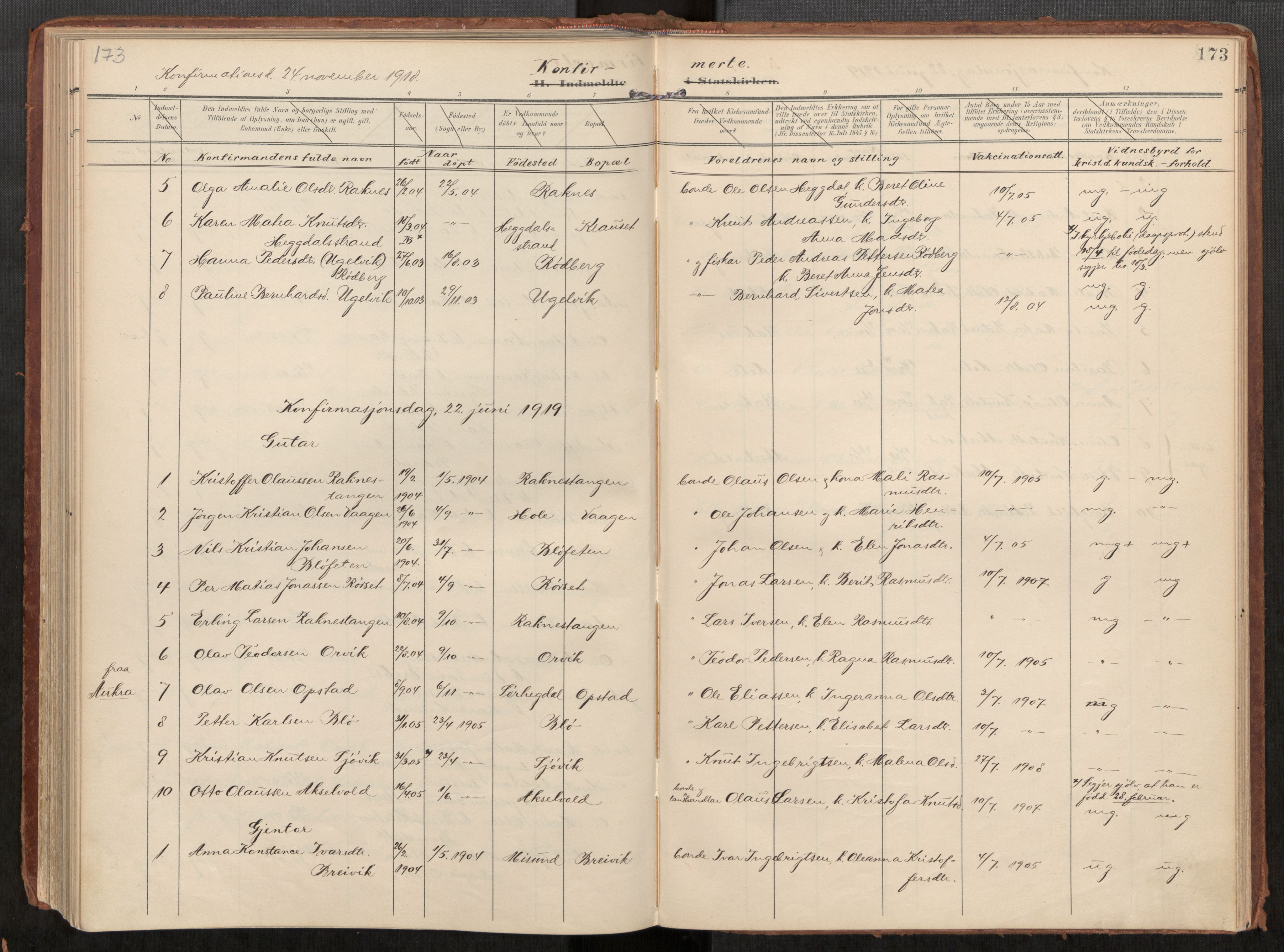 Ministerialprotokoller, klokkerbøker og fødselsregistre - Møre og Romsdal, AV/SAT-A-1454/563/L0740: Parish register (official) no. 563A02, 1903-1923, p. 173