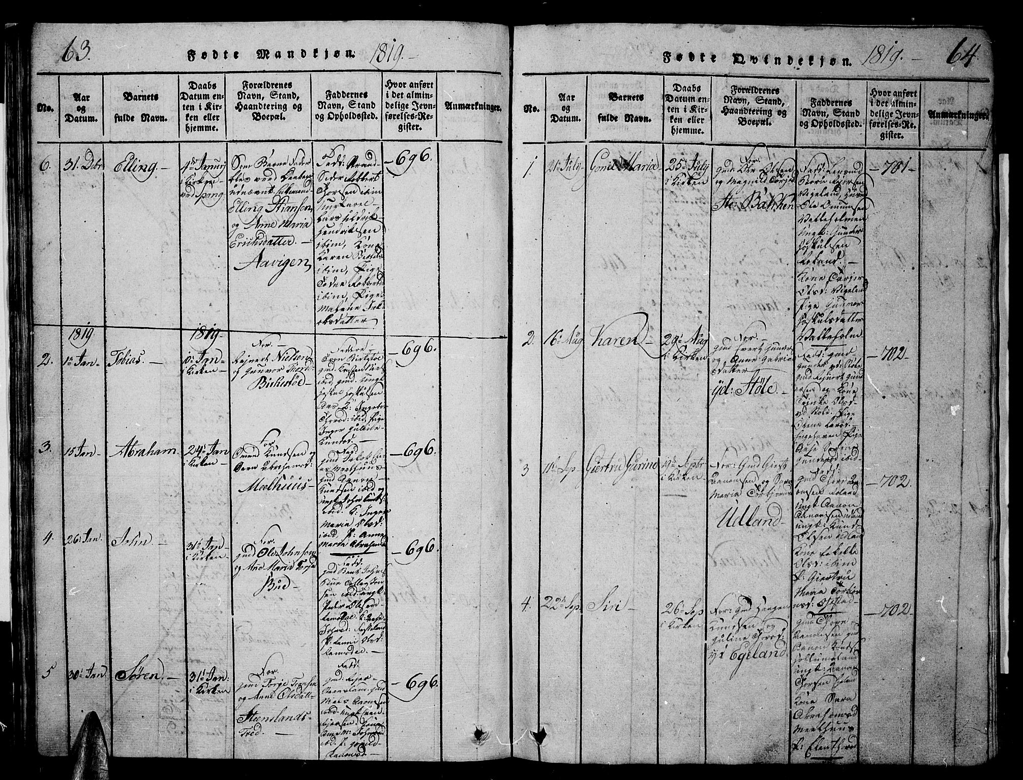 Sør-Audnedal sokneprestkontor, SAK/1111-0039/F/Fb/Fbb/L0001: Parish register (copy) no. B 1, 1815-1827, p. 63-64