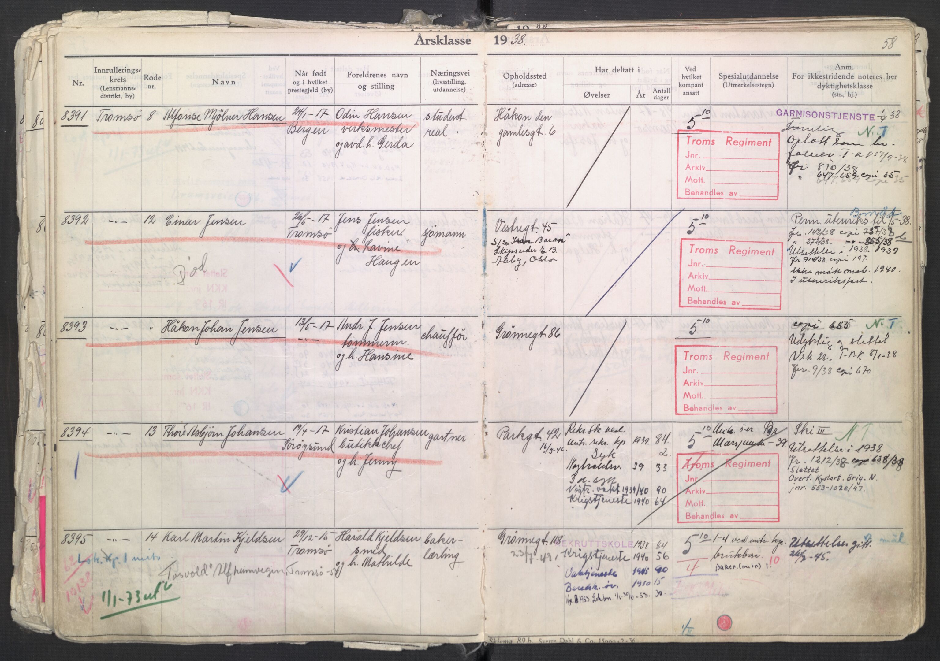 Forsvaret, Troms infanteriregiment nr. 16, AV/RA-RAFA-3146/P/Pa/L0007/0003: Ruller / Rulle for regimentets menige mannskaper, årsklasse 1938, 1938, p. 58