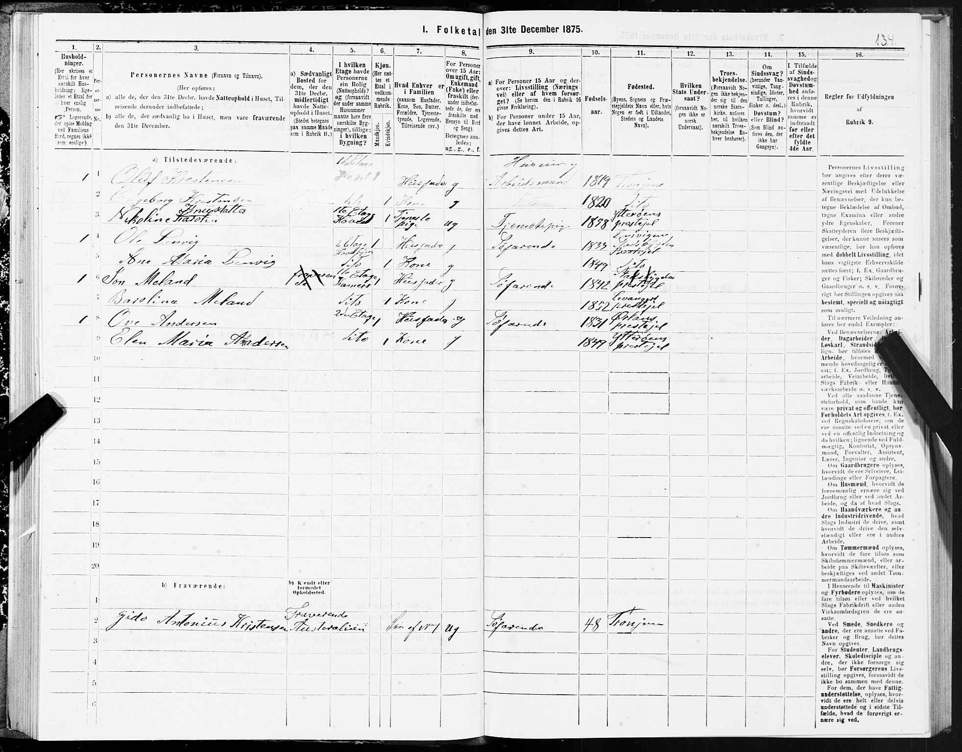 SAT, 1875 census for 1601 Trondheim, 1875, p. 9134