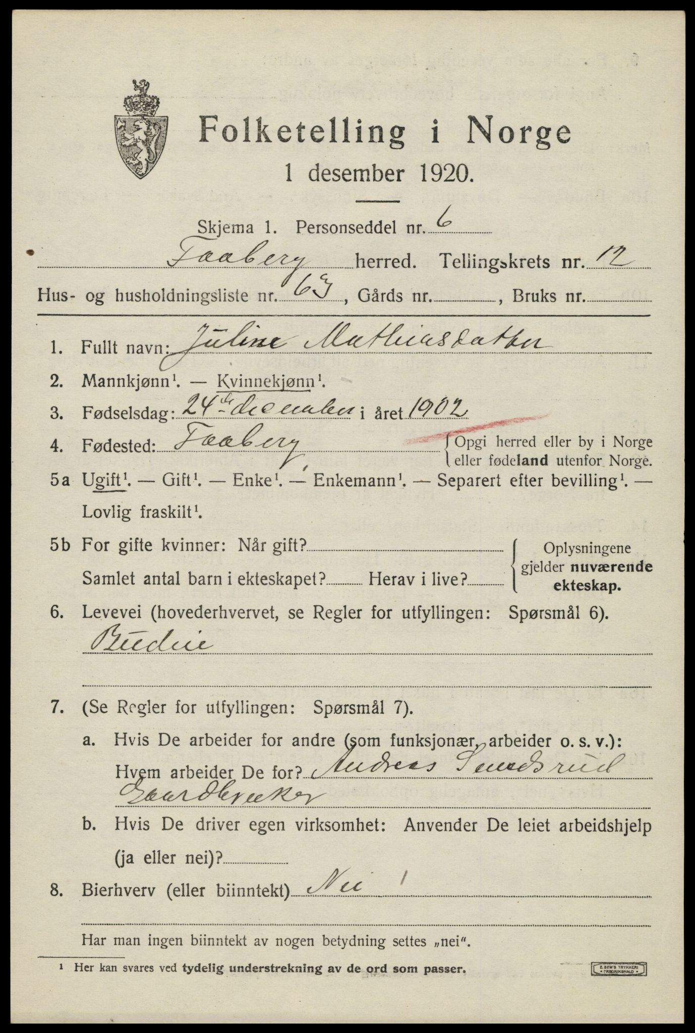 SAH, 1920 census for Fåberg, 1920, p. 13528