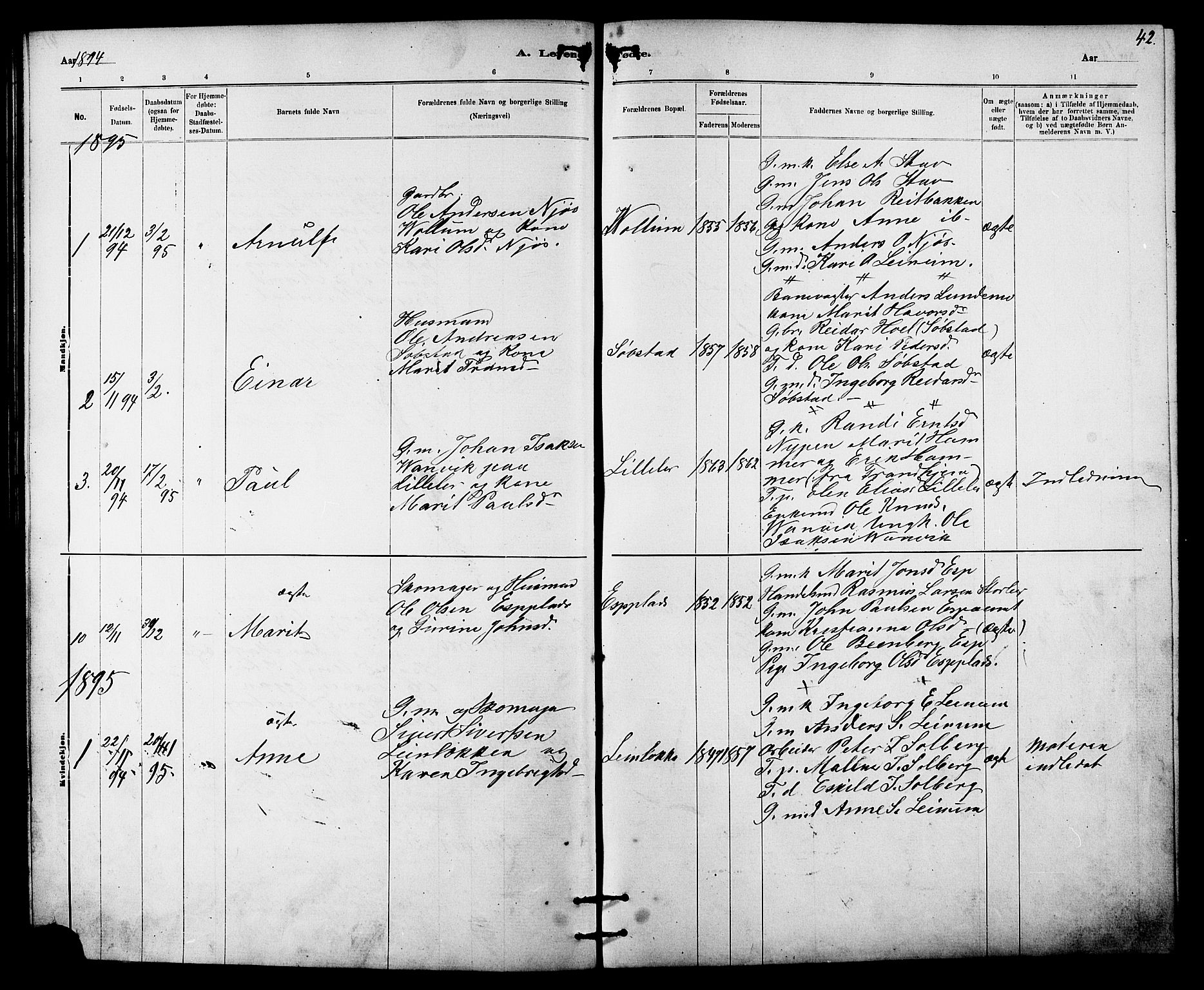 Ministerialprotokoller, klokkerbøker og fødselsregistre - Sør-Trøndelag, AV/SAT-A-1456/613/L0395: Parish register (copy) no. 613C03, 1887-1909, p. 42