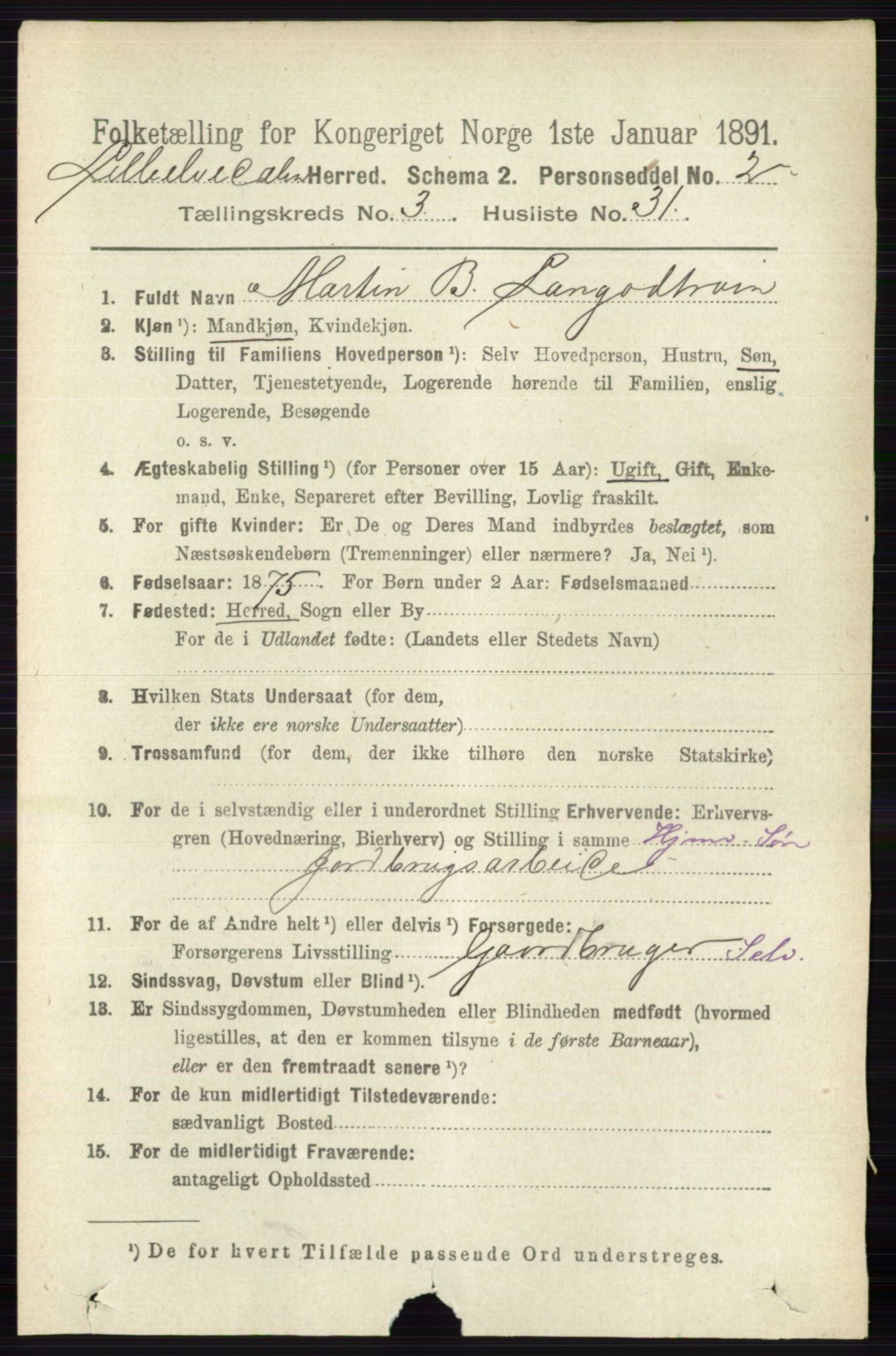 RA, 1891 census for 0438 Lille Elvedalen, 1891, p. 1288