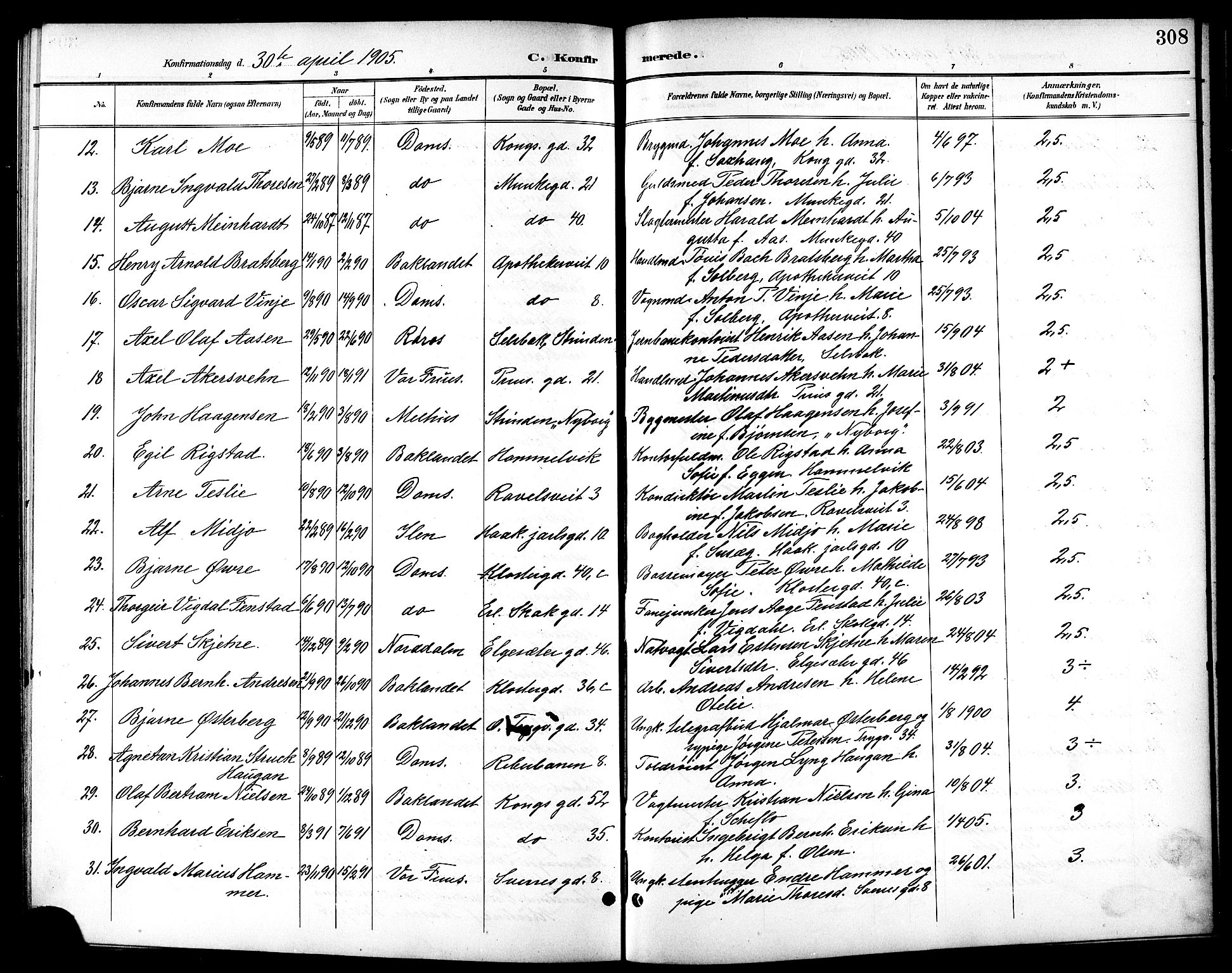 Ministerialprotokoller, klokkerbøker og fødselsregistre - Sør-Trøndelag, AV/SAT-A-1456/601/L0094: Parish register (copy) no. 601C12, 1898-1911, p. 308