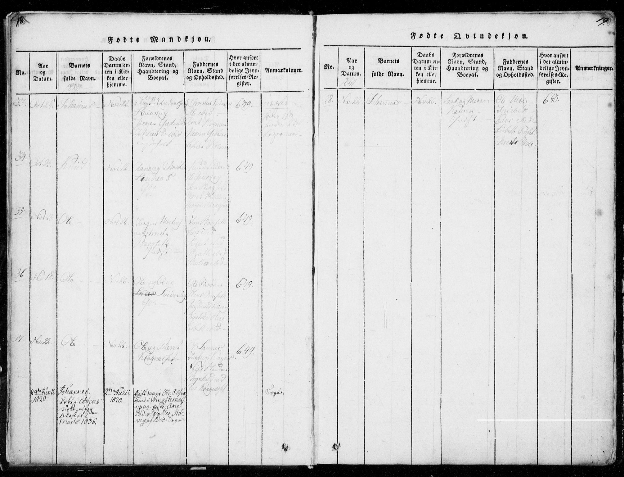 Ministerialprotokoller, klokkerbøker og fødselsregistre - Møre og Romsdal, AV/SAT-A-1454/578/L0903: Parish register (official) no. 578A02, 1819-1838, p. 18-19