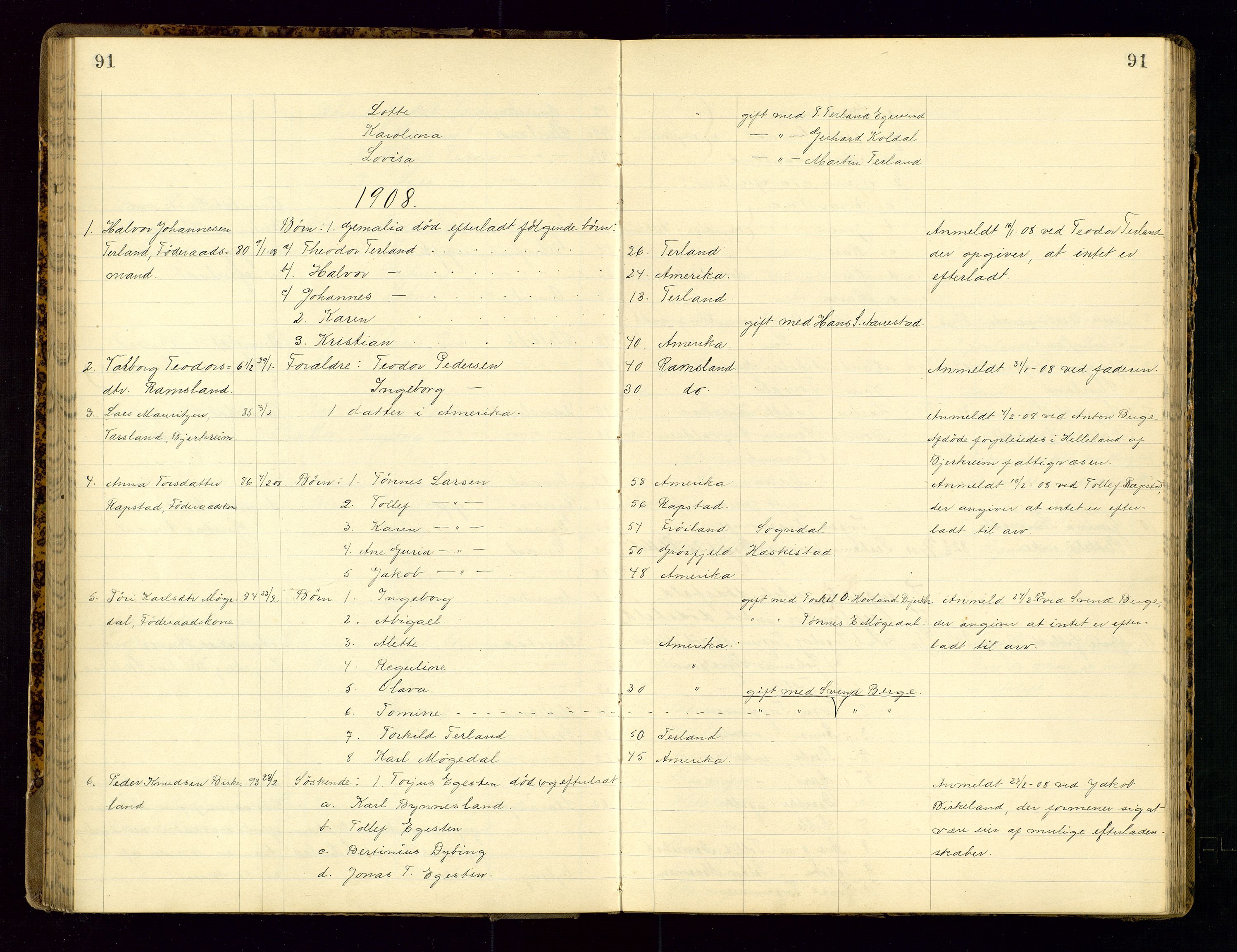 Dalane sorenskriveri, SAST/A-100309/001/5/52/L0001: DØDSFALLPROTOKOLL, 1904-1911, p. 91