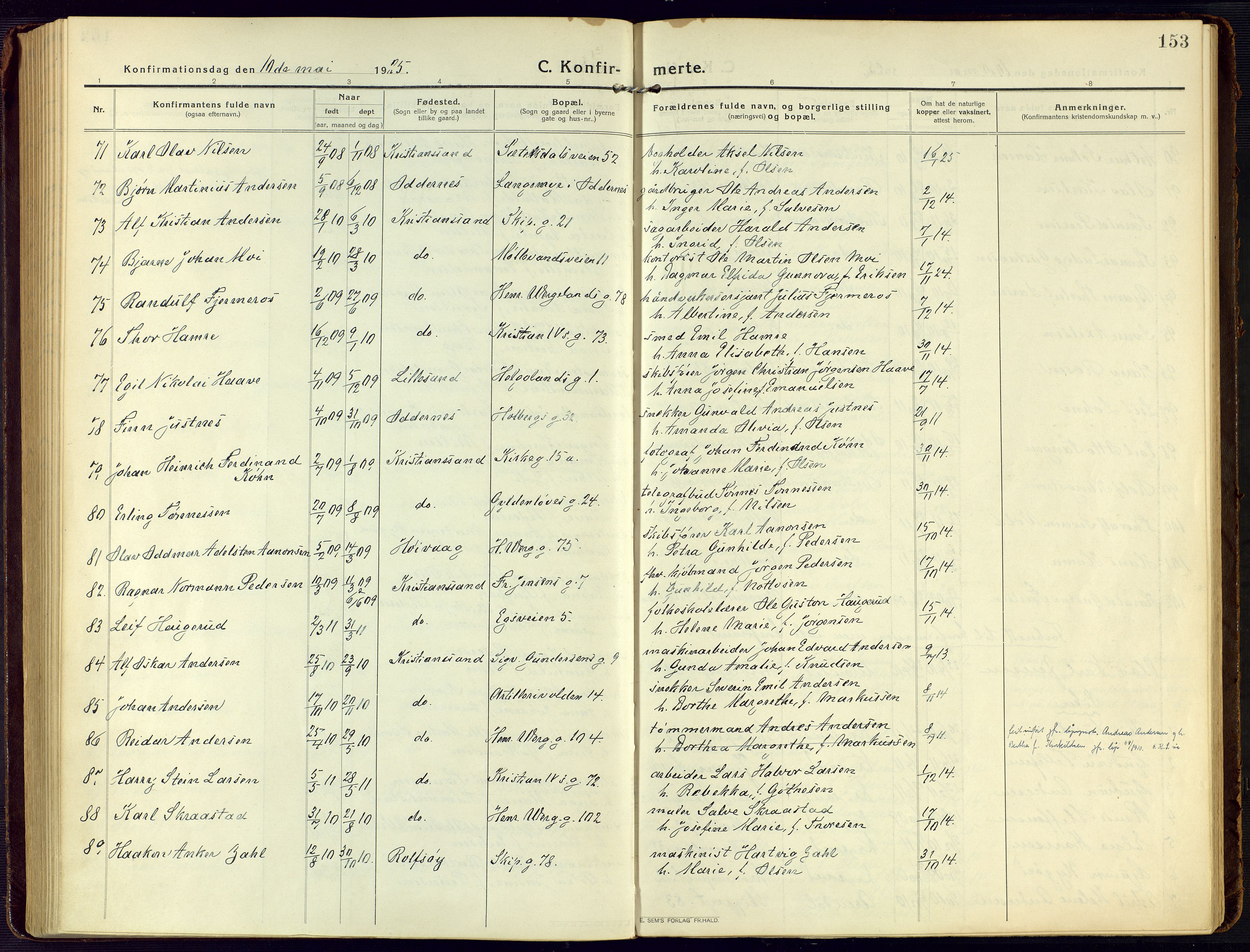 Kristiansand domprosti, SAK/1112-0006/F/Fa/L0026: Parish register (official) no. A 25, 1916-1928, p. 153