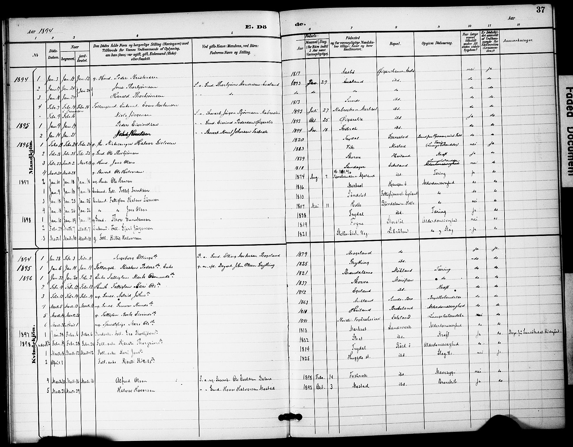 Gjerstad sokneprestkontor, AV/SAK-1111-0014/F/Fa/Fac/L0001: Parish register draft no. A VI 1, 1894-1898, p. 37