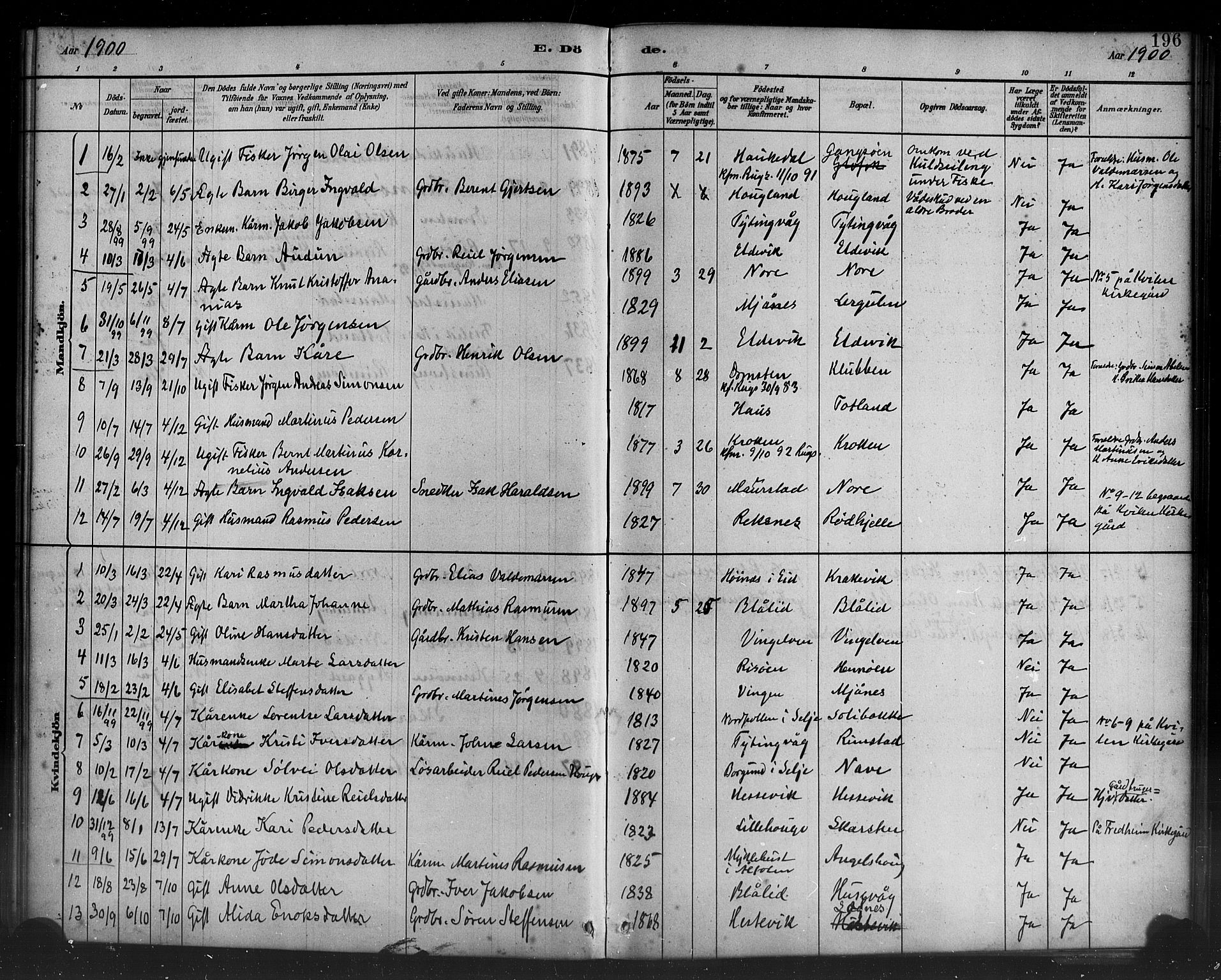 Davik sokneprestembete, AV/SAB-A-79701/H/Haa/Haad/L0001: Parish register (official) no. D 1, 1882-1900, p. 196