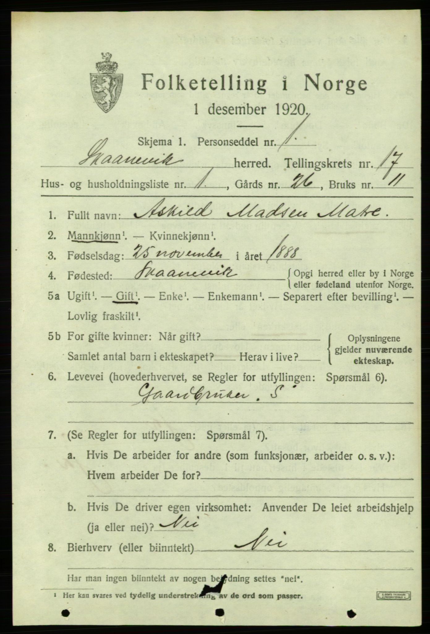 SAB, 1920 census for Skånevik, 1920, p. 6561