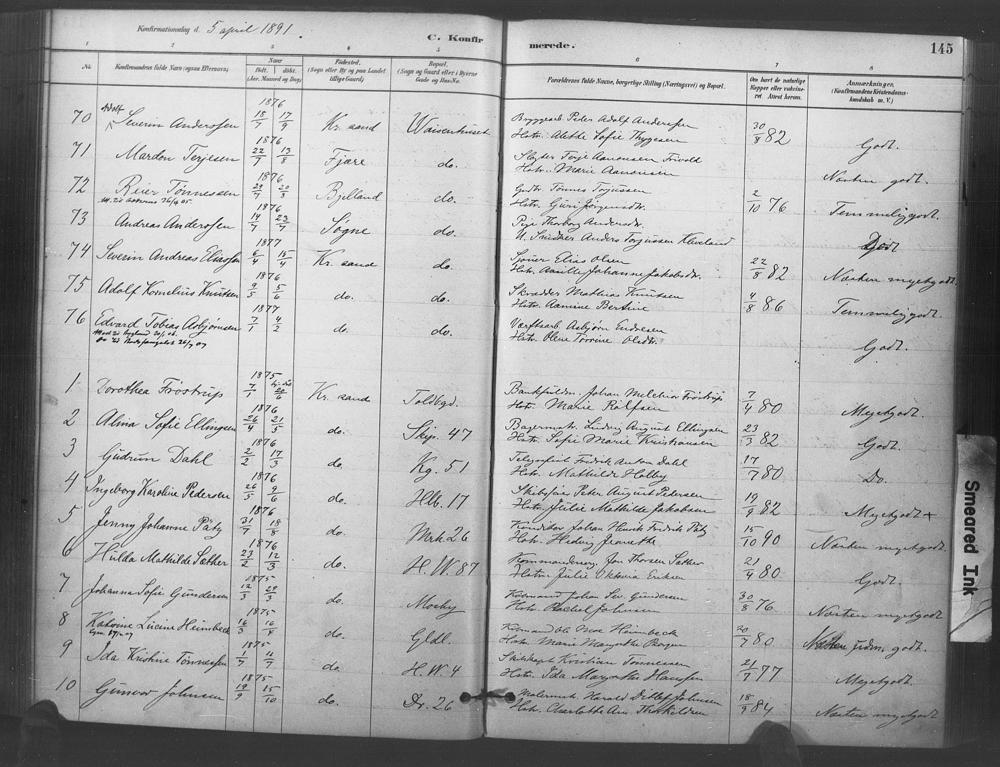 Kristiansand domprosti, SAK/1112-0006/F/Fa/L0018: Parish register (official) no. A 17, 1880-1892, p. 145