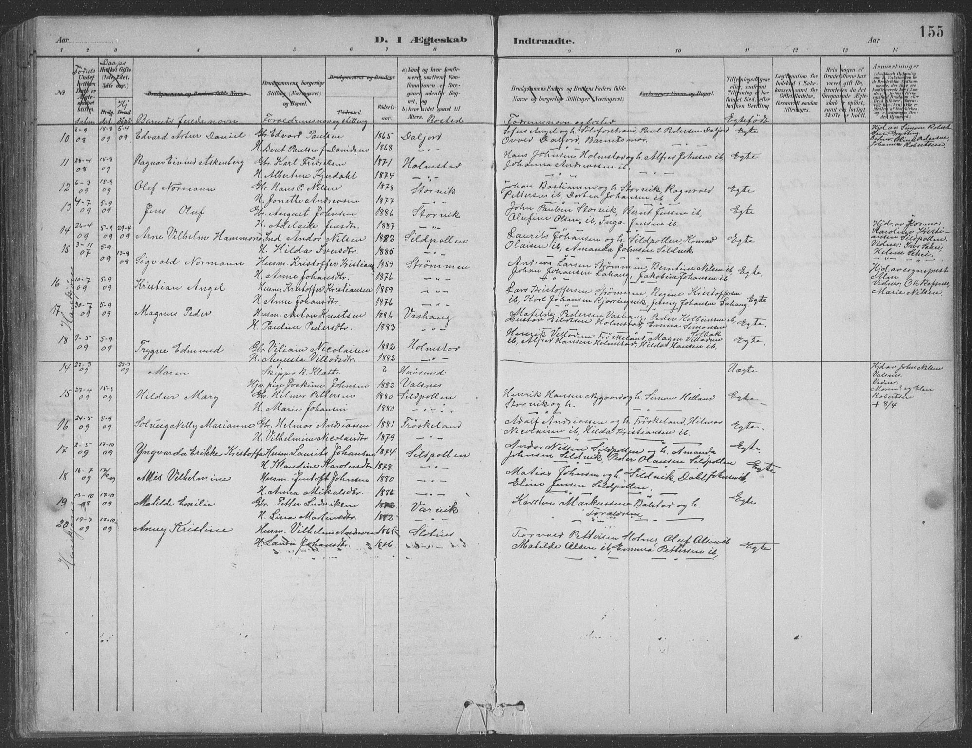 Ministerialprotokoller, klokkerbøker og fødselsregistre - Nordland, AV/SAT-A-1459/890/L1290: Parish register (copy) no. 890C01, 1882-1911, p. 155