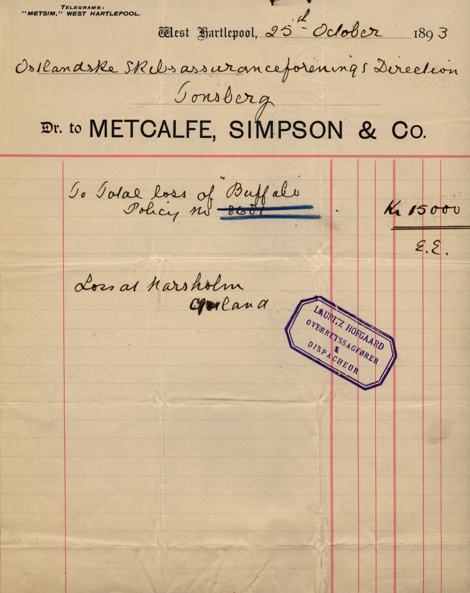 Pa 63 - Østlandske skibsassuranceforening, VEMU/A-1079/G/Ga/L0029/0009: Havaridokumenter / Anette, Agathe, Agra, Buffalo, 1893, p. 62