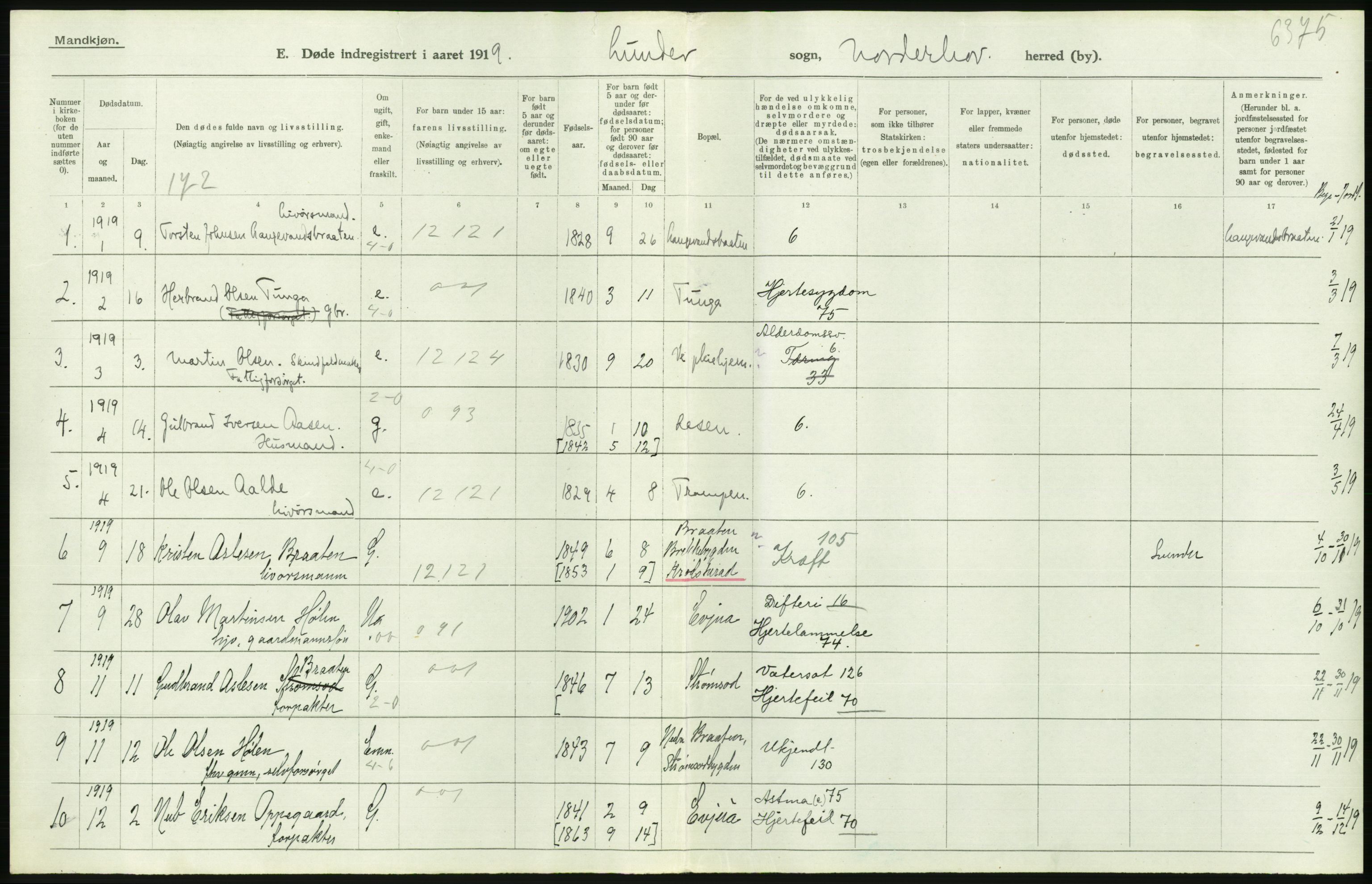 Statistisk sentralbyrå, Sosiodemografiske emner, Befolkning, AV/RA-S-2228/D/Df/Dfb/Dfbi/L0018: Buskerud fylke: Døde. Bygder og byer., 1919, p. 186