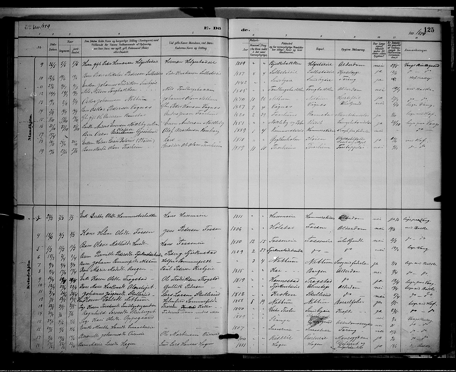 Østre Toten prestekontor, SAH/PREST-104/H/Ha/Hab/L0005: Parish register (copy) no. 5, 1884-1893, p. 125