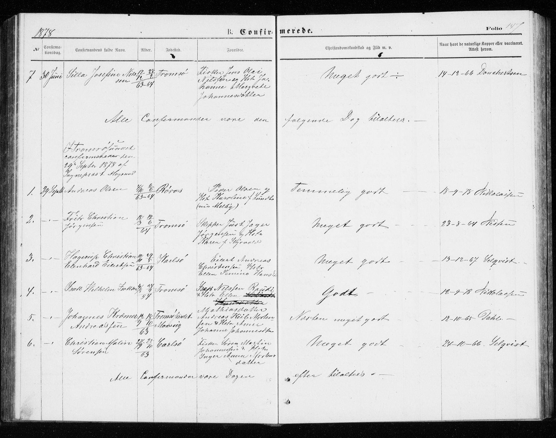 Tromsø sokneprestkontor/stiftsprosti/domprosti, SATØ/S-1343/G/Gb/L0008klokker: Parish register (copy) no. 8, 1875-1879, p. 147