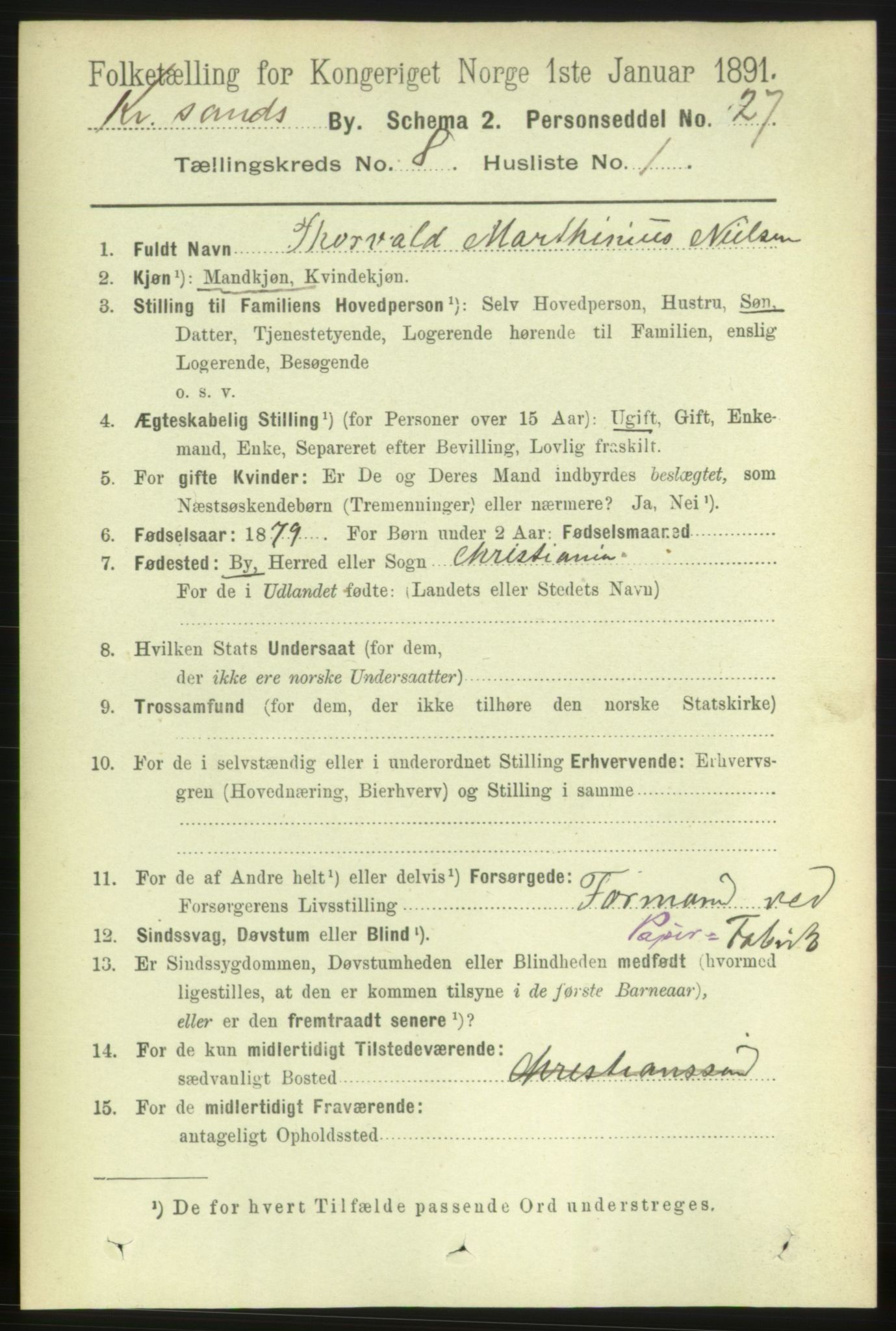 RA, 1891 census for 1001 Kristiansand, 1891, p. 4814