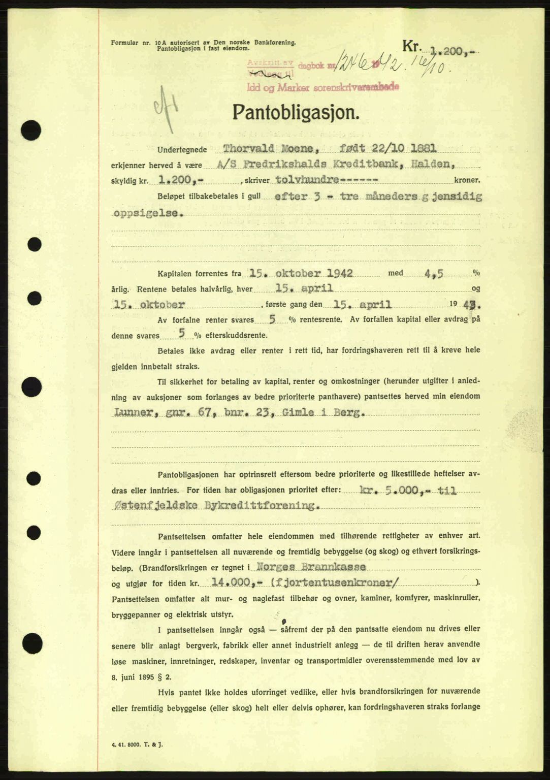 Idd og Marker sorenskriveri, AV/SAO-A-10283/G/Gb/Gbc/L0002: Mortgage book no. B4-9a, 1939-1945, Diary no: : 1246/1942