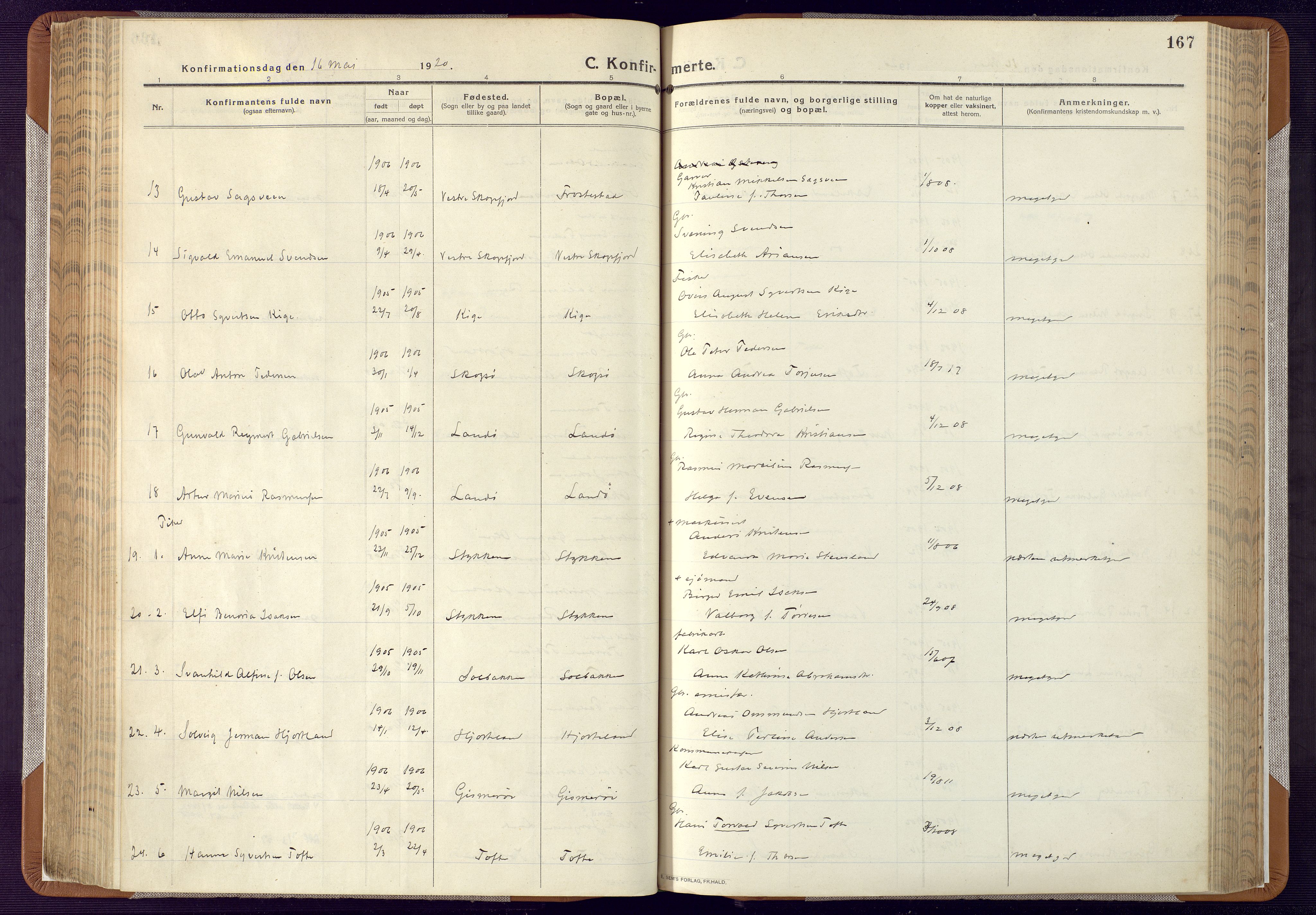 Mandal sokneprestkontor, AV/SAK-1111-0030/F/Fa/Faa/L0022: Parish register (official) no. A 22, 1913-1925, p. 167